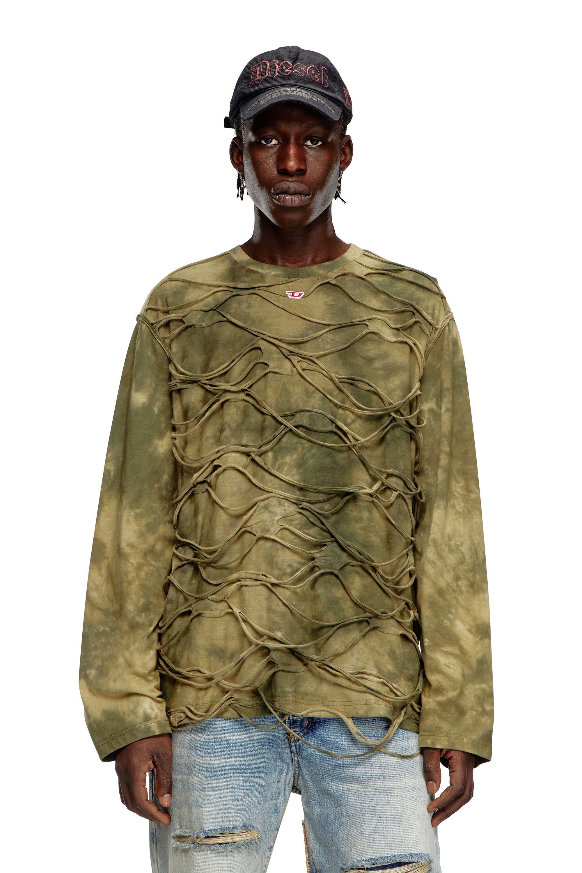 Diesel - T-CRANET-LS, Male's Long-sleeve T-shirt with floating strands in Military Green - 3