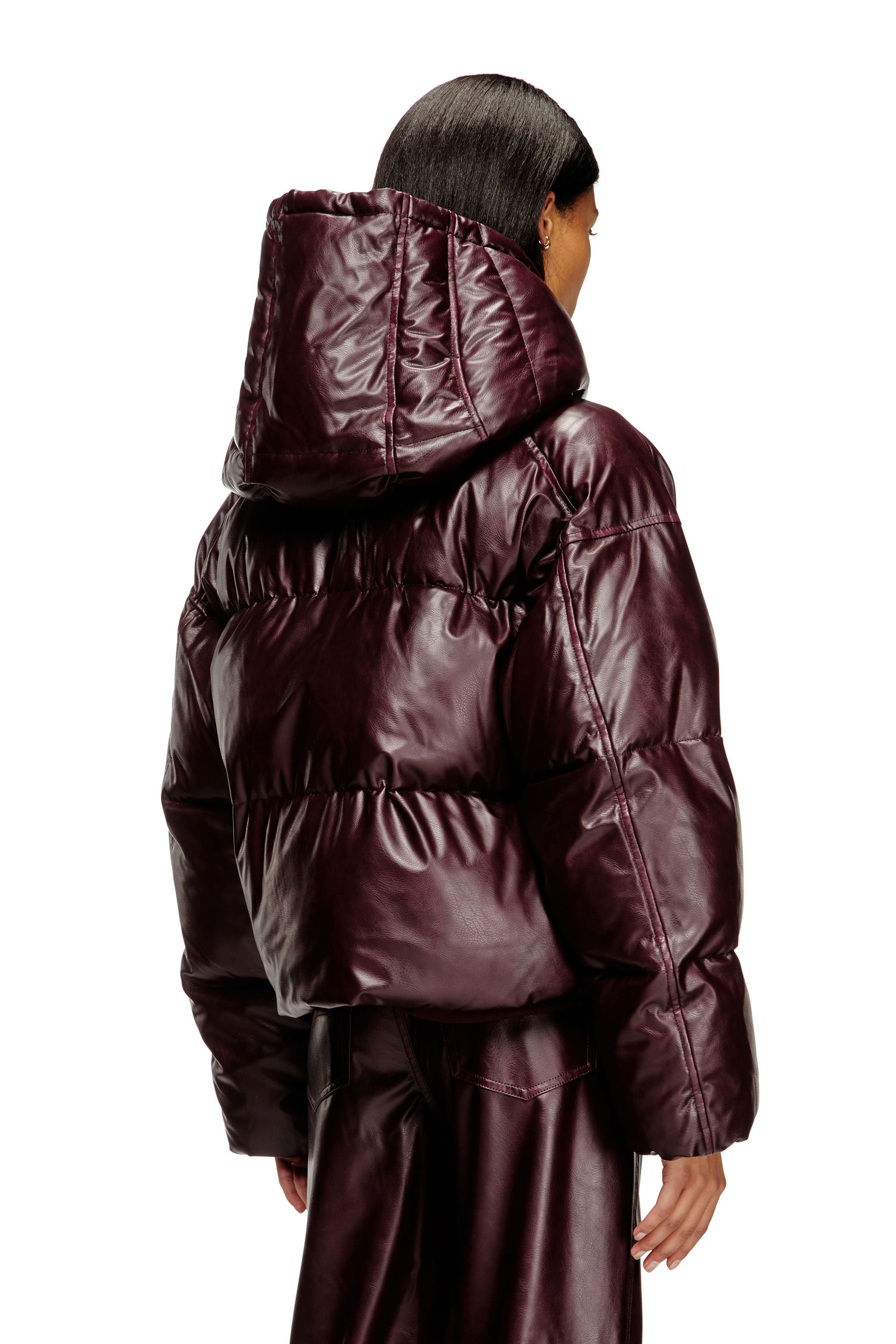 Women's Burgundy hooded puffer jacket in coated fabric | Red | Diesel