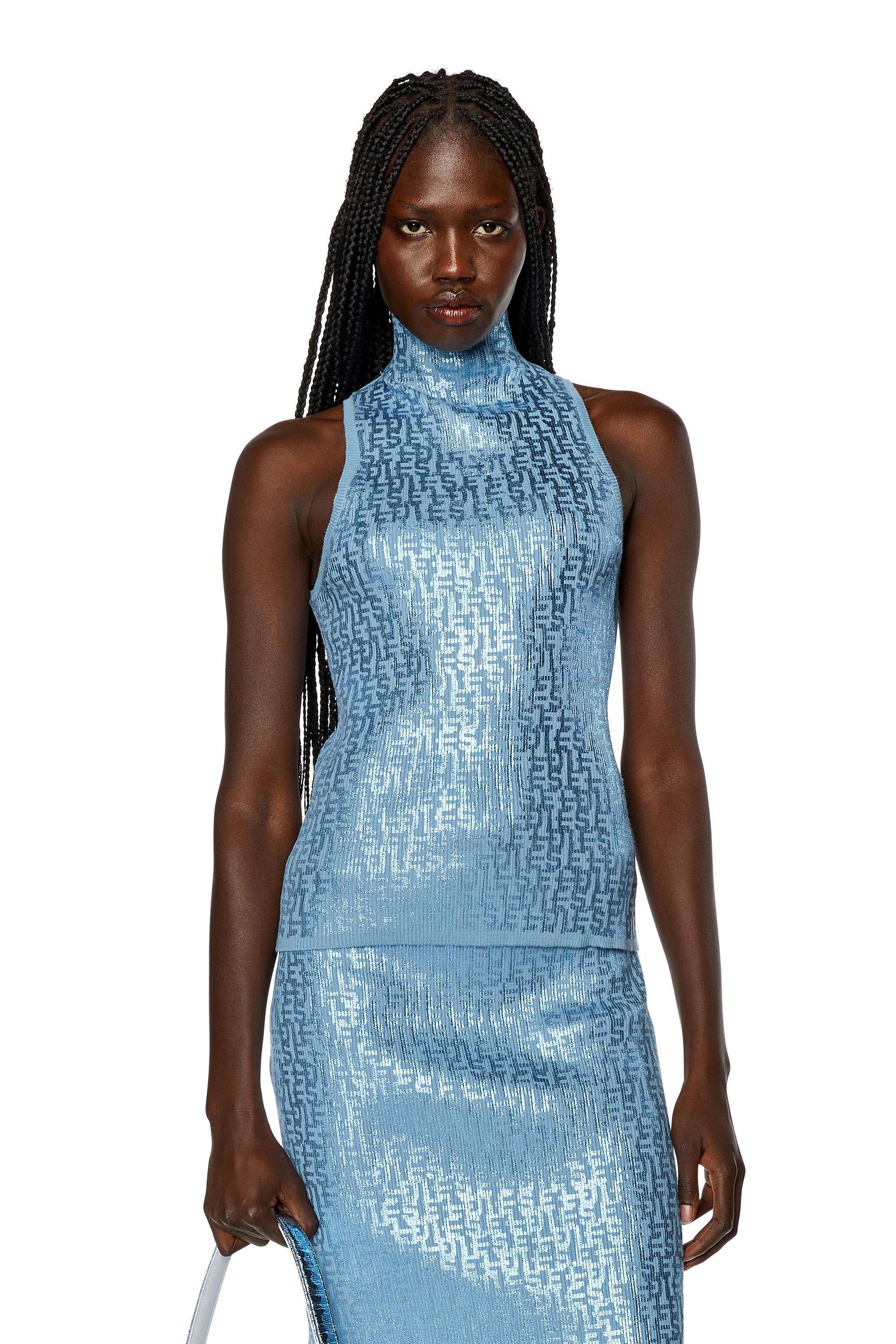 Diesel - FF-M-EGEO, Female's Tank top with metallic monogram print in Light Blue - 3