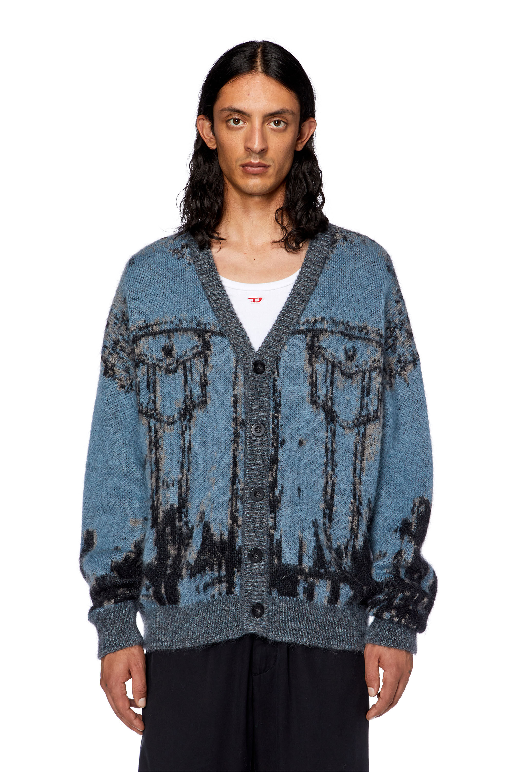 Diesel - K-PETALO, Man's Knit cardigan with jacquard jeans motif in Black/Blue - 5