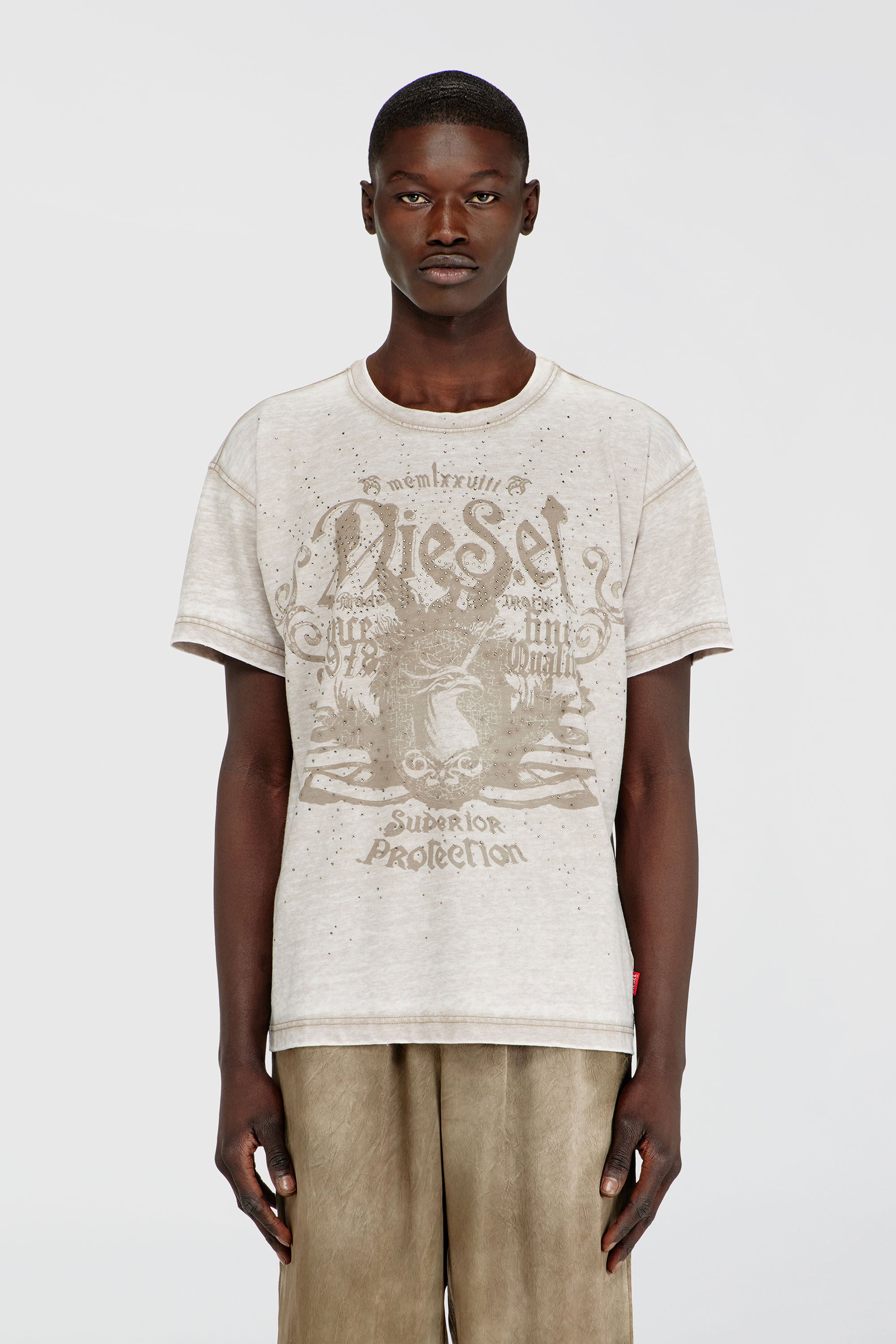 Diesel - T-NORM-AA8, Male's Jersey T-shirt with burnout wash and studs in Beige - 3