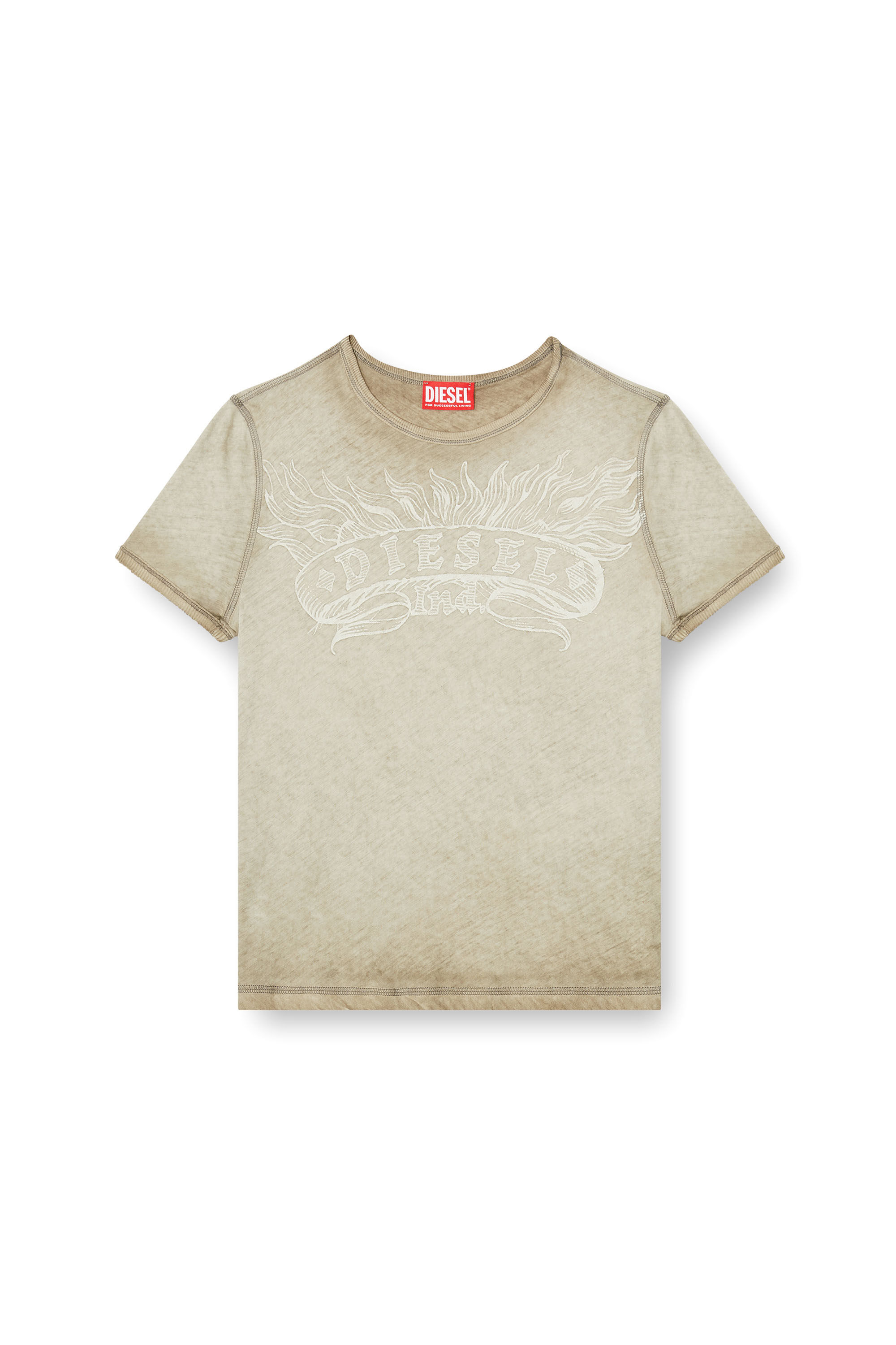 Diesel - T-UNCUTIES-LONG-AA2, Woman's Slim T-shirt with tonal logo print in Beige - 2