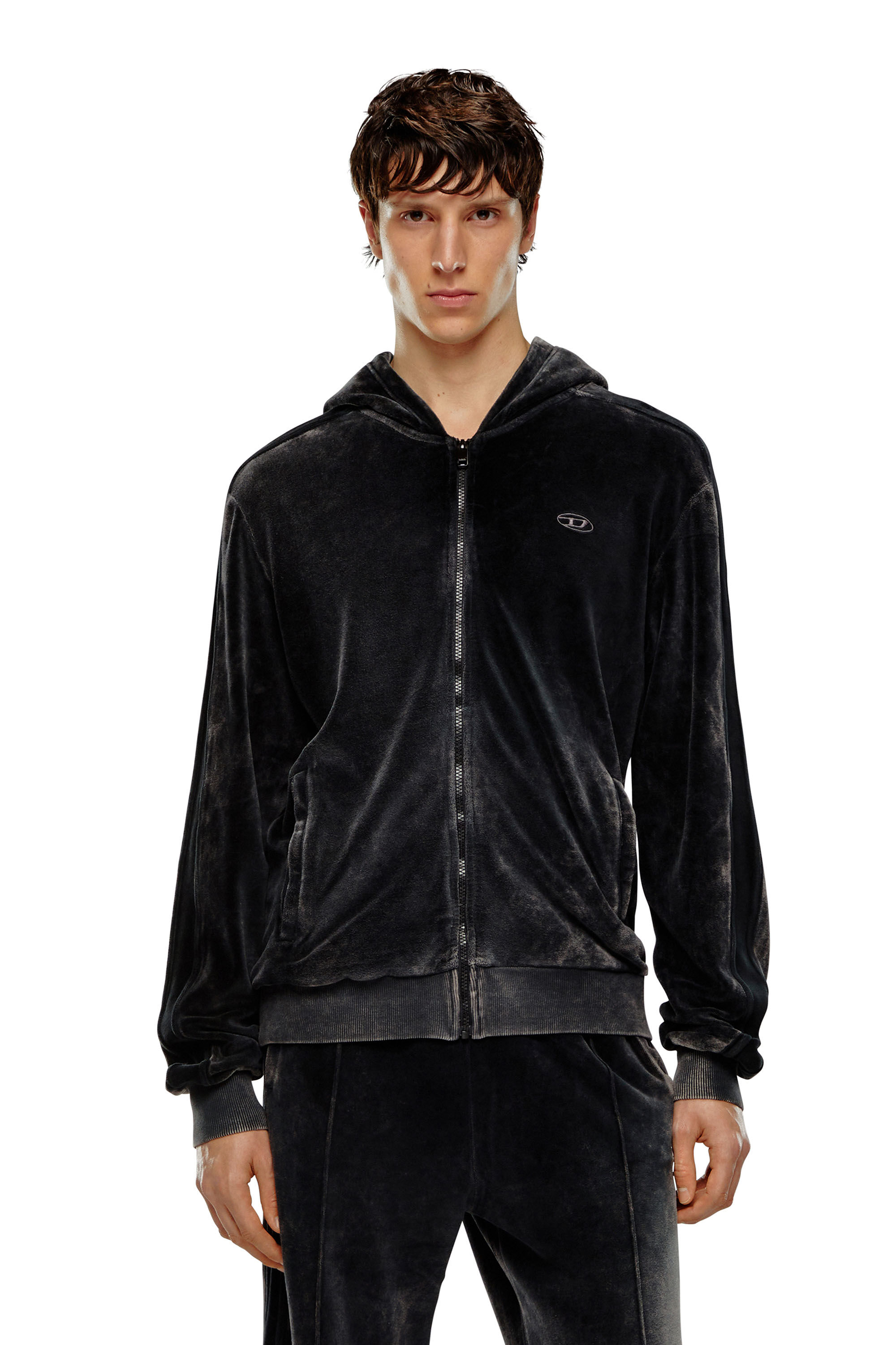 Diesel - S-OCLOCK, Male's Acid-wash chenille zip-up hoodie in Black - 3