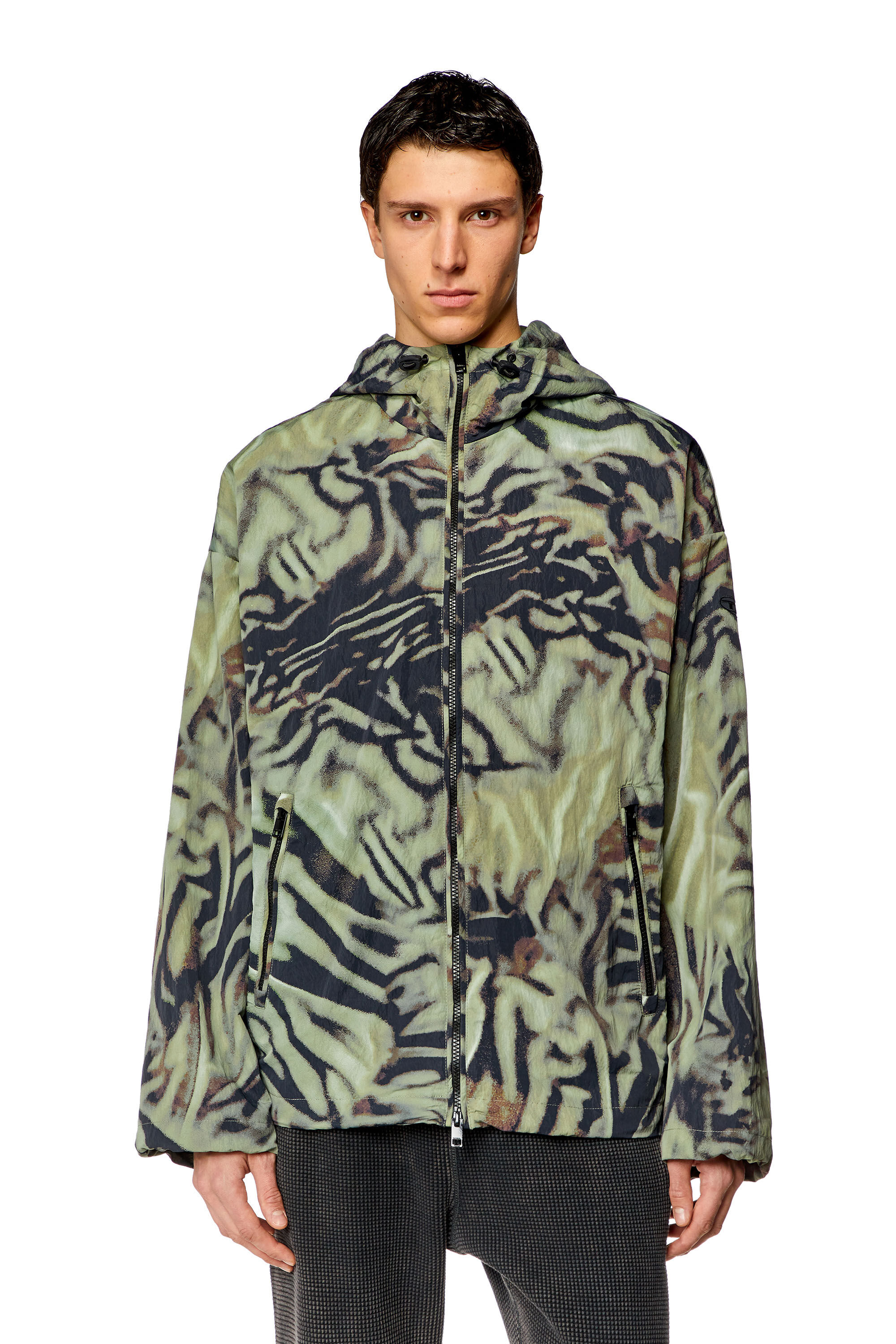 Diesel - J-LEOPOLD-ZEBRA, Man's Nylon windbreaker with camo-zebra print in Military Green - 6