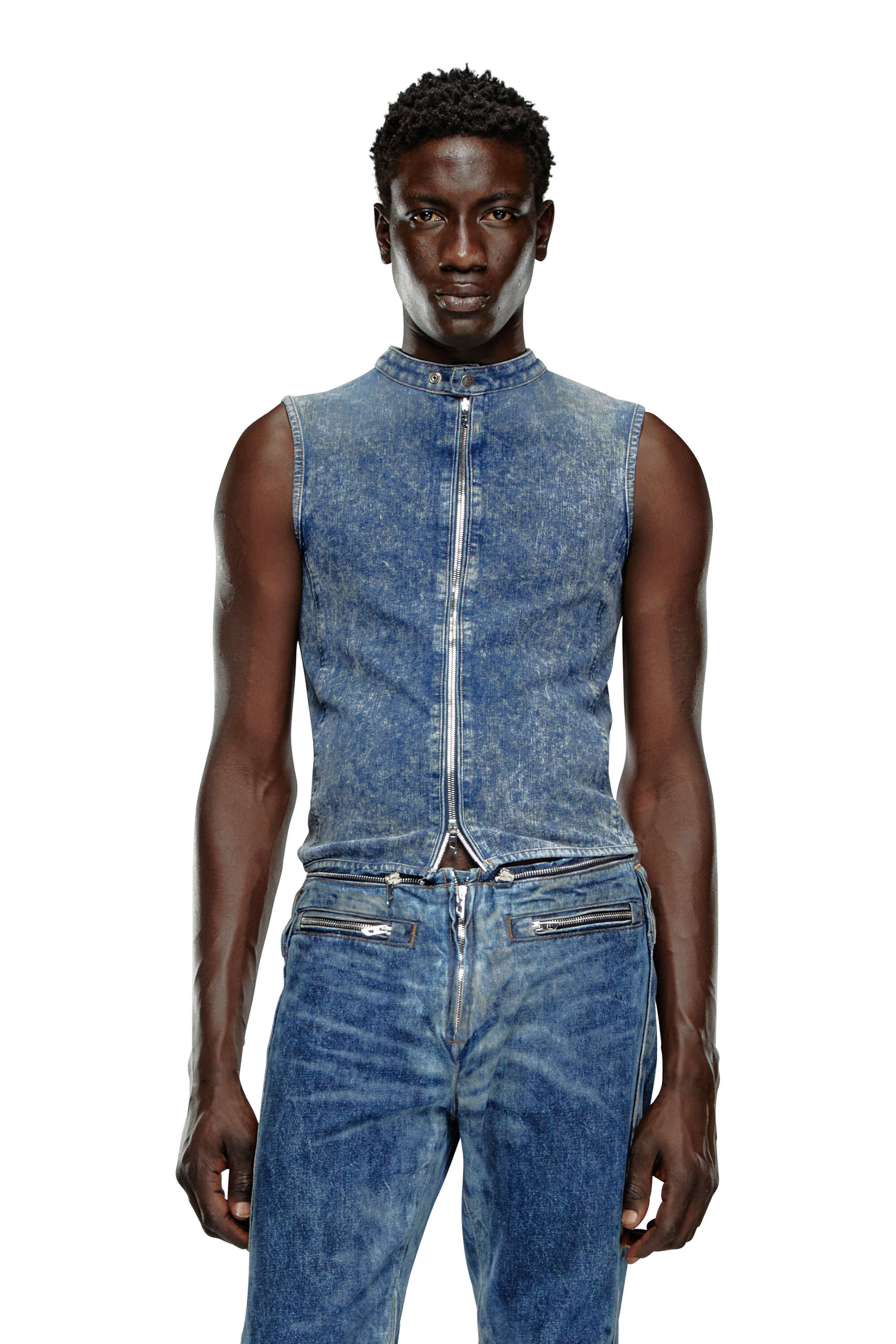 Diesel - D-NATA-FSE, Top en denim sans manches avec détails biker Homme in Bleu - 3