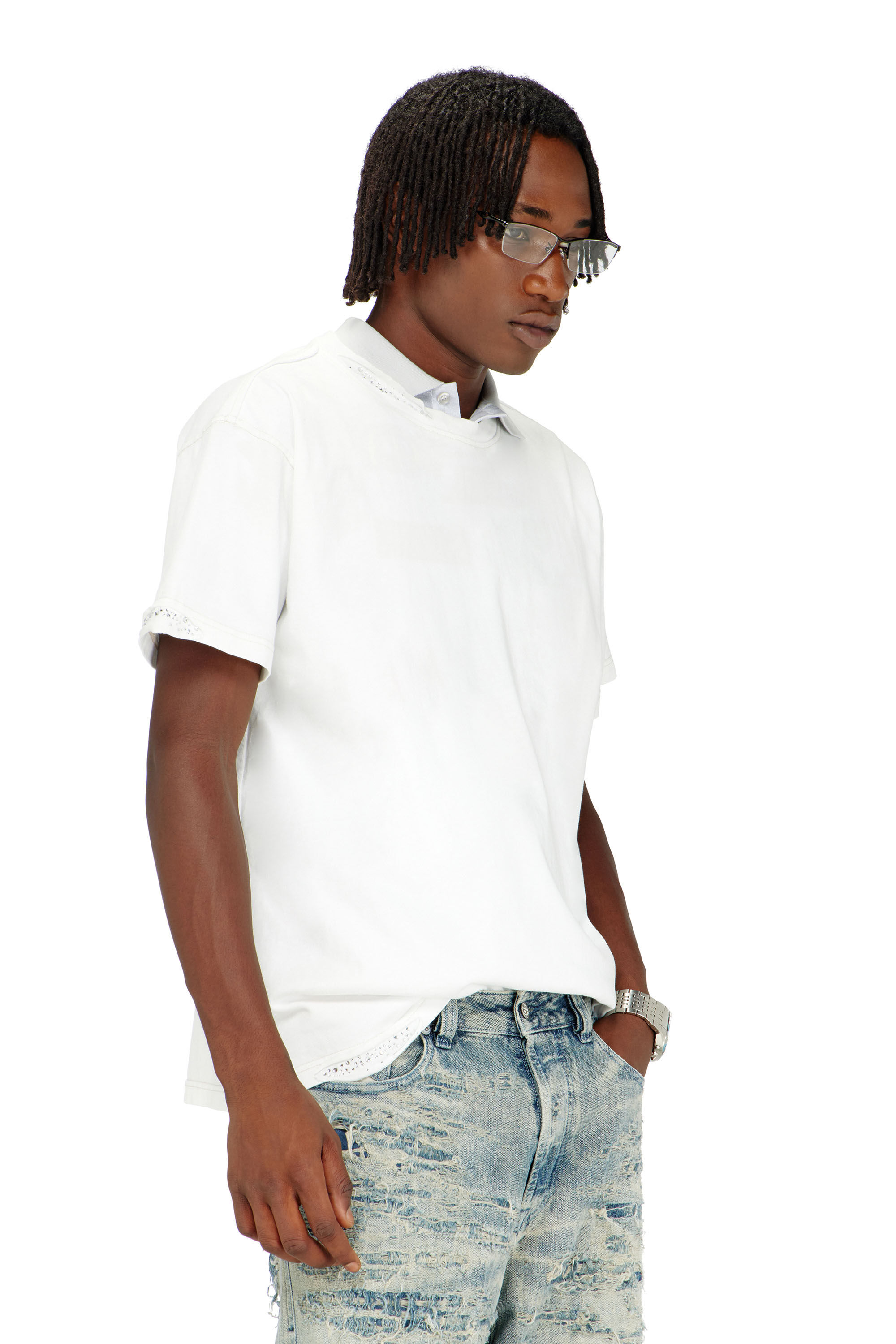 Diesel - T-NORM-CRYSTALS, Male's T-shirt with frayed edges and crystal details in White - 3