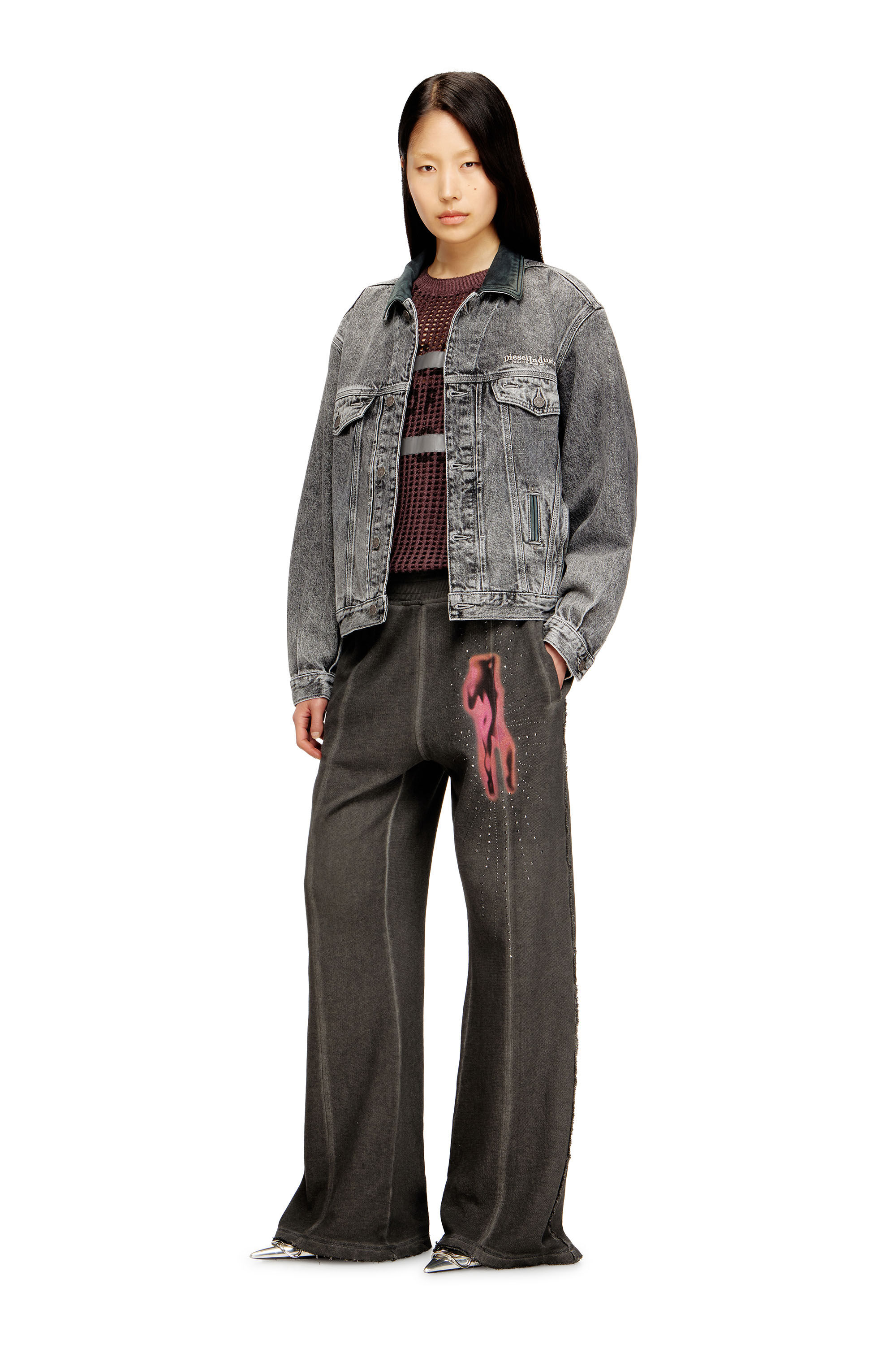 DIESEL ダークグレー ジャケット Women's Denim trucker jacket with tonal leather trims | Grey | Diesel