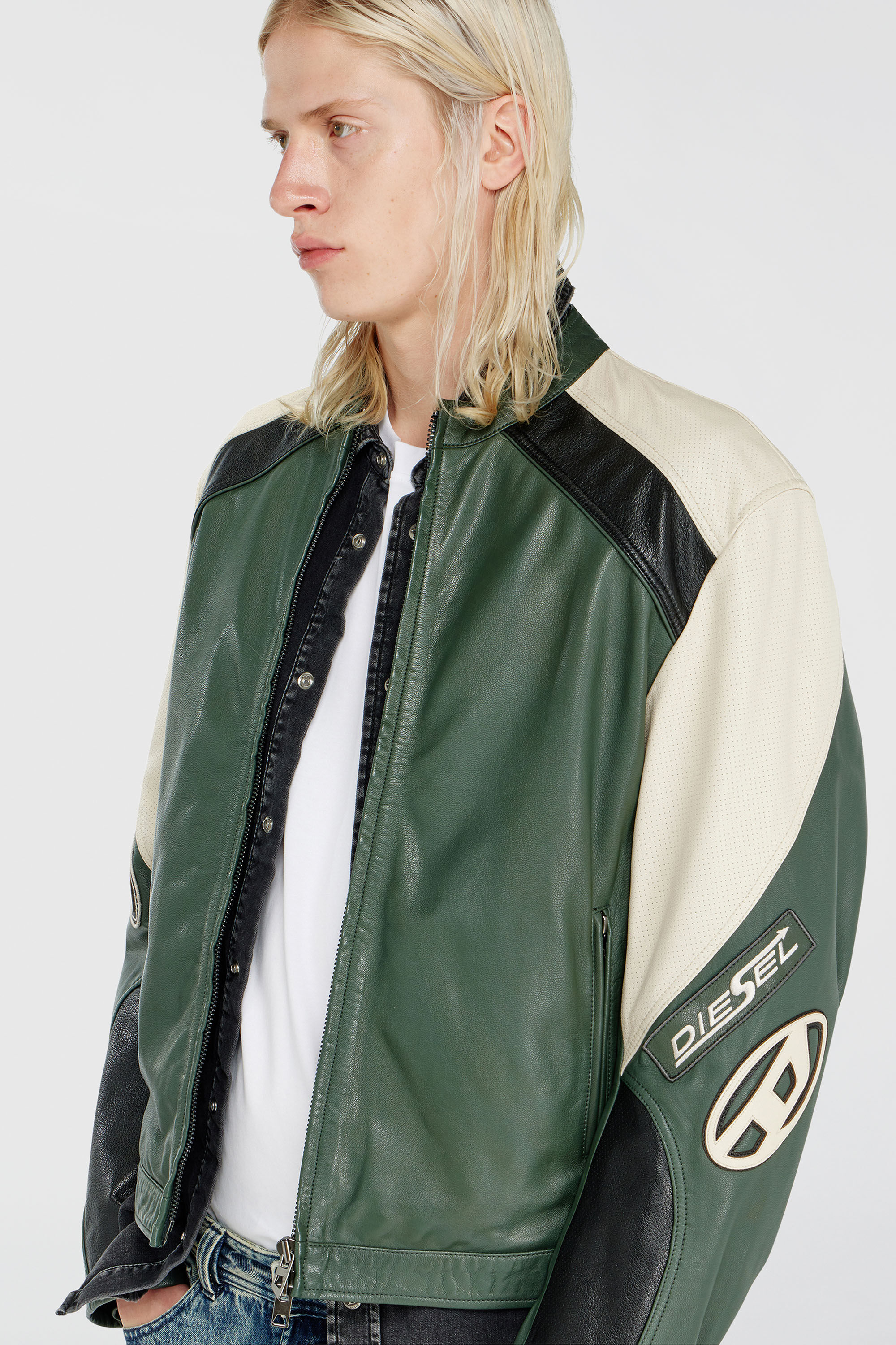 Diesel - L-AHTI, Male's Biker jacket in colour-block perforated leather in Beige/Black - 4