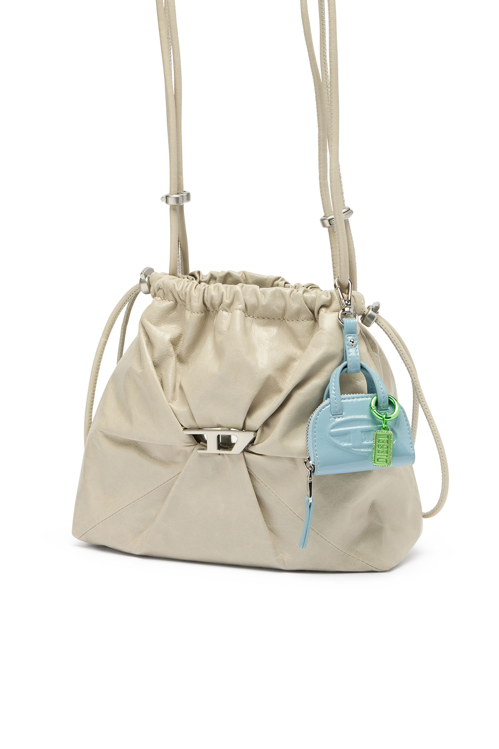 Women's Scrunch-D-Bucket bag in shiny wrinkled leather | White