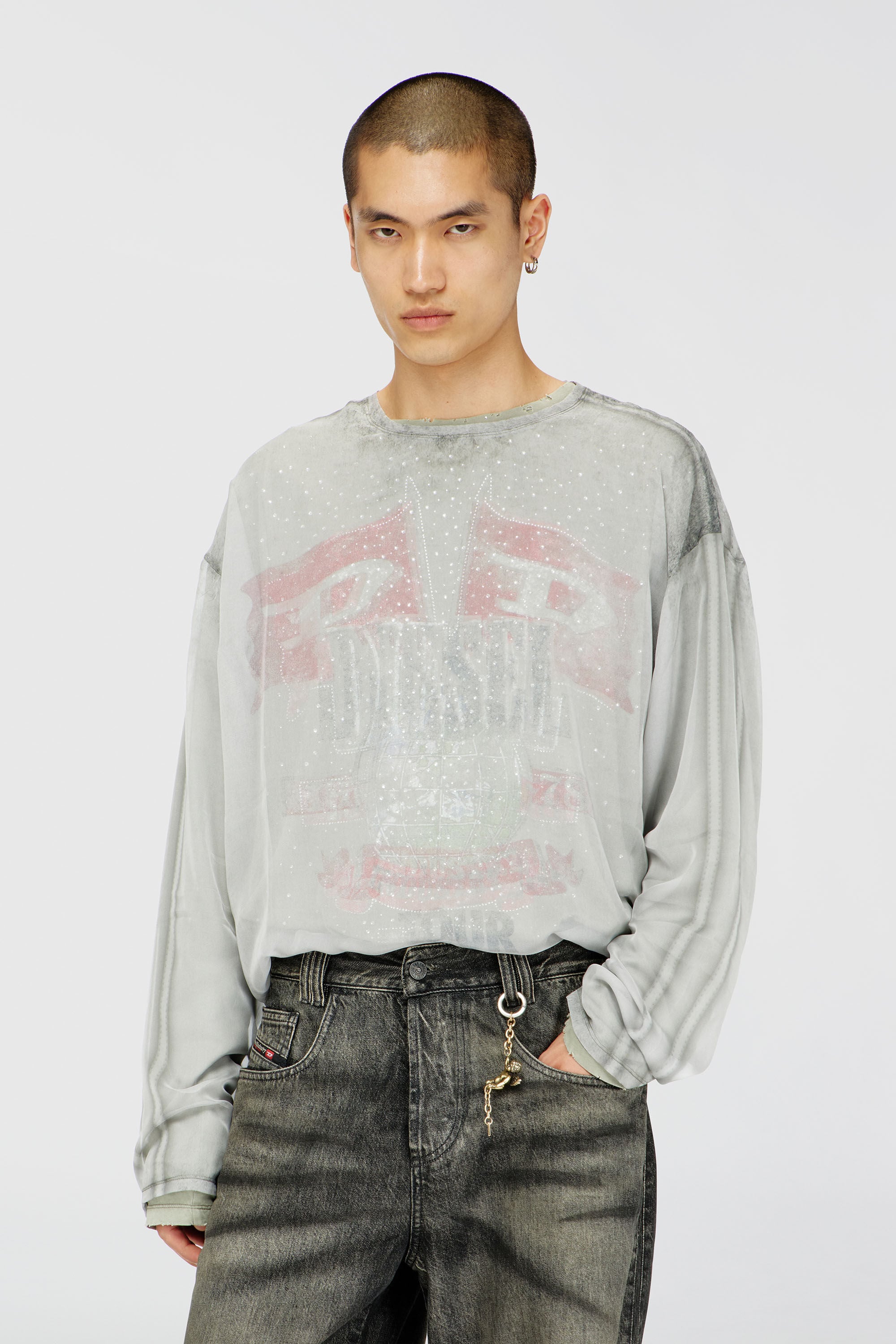 Diesel - T-DOUBLEX-LS, Man's Sheer chiffon top with concert graphics in Light Grey - 3