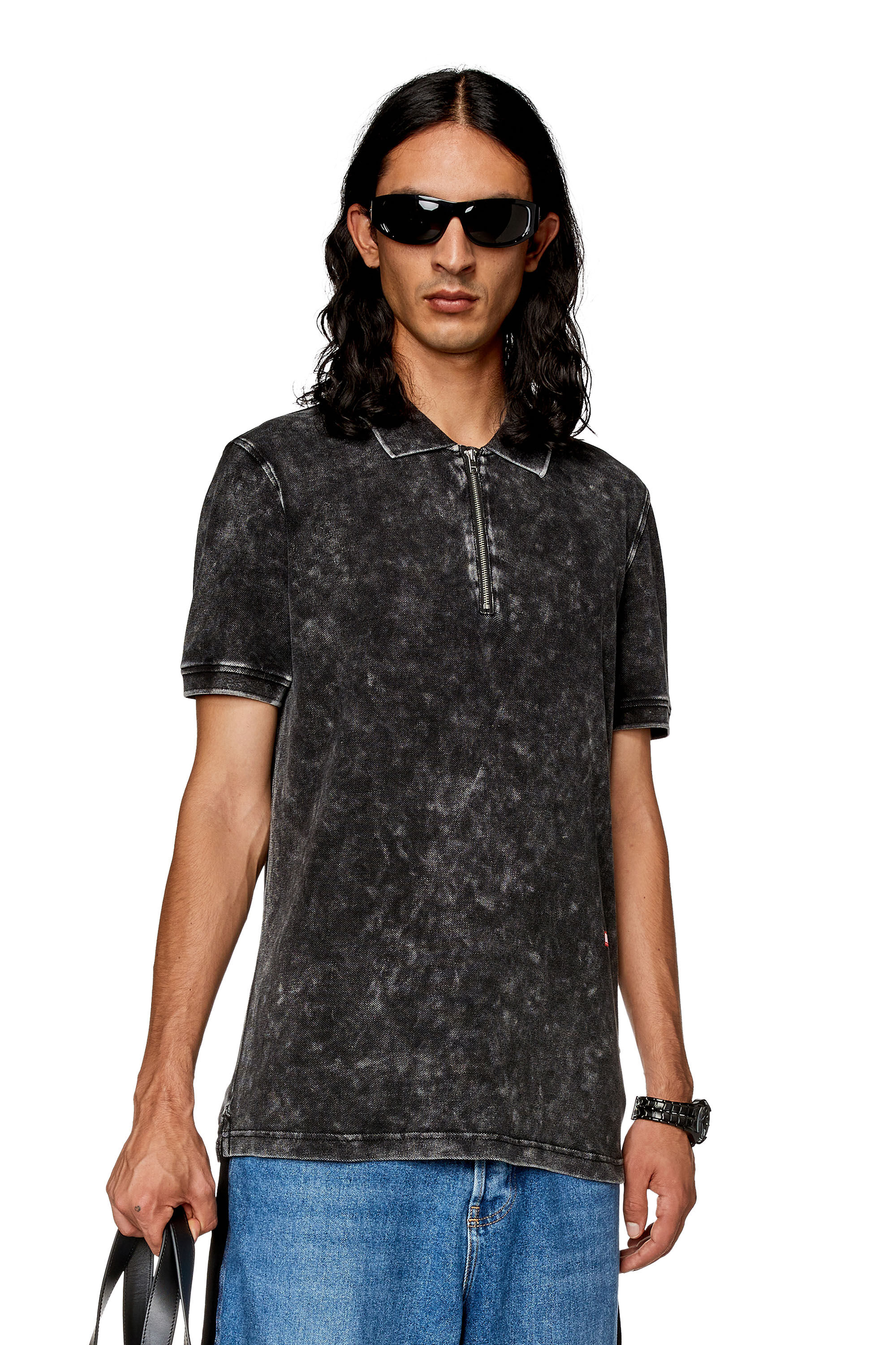 Diesel - T-SMITH-ZIP, Male's Polo shirt in faded piqué in Black - 3
