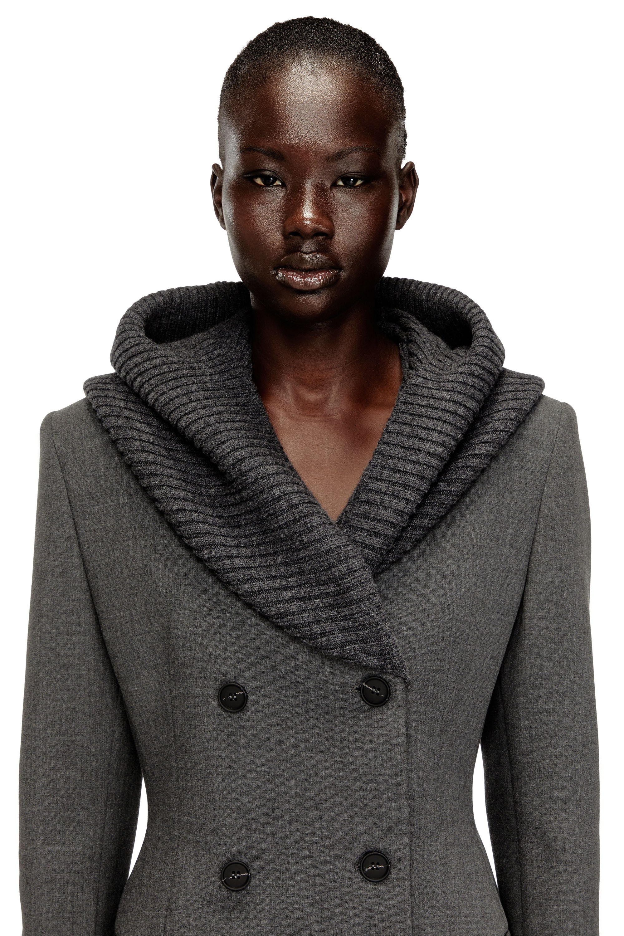 Women's Long hourglass coat with knitted cowl hood | Grey | Diesel