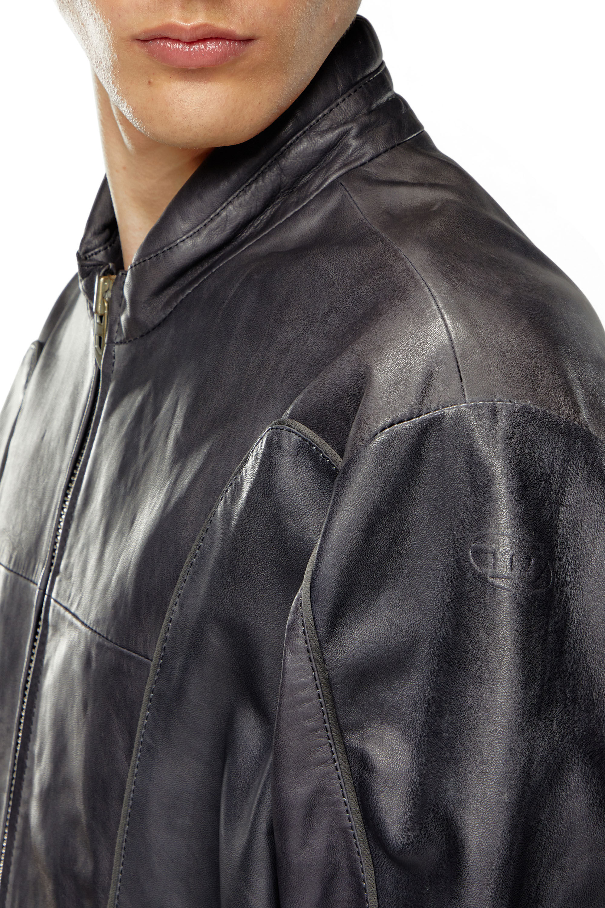 Diesel - L-KRIX, Man's Leather biker jacket with piping in Black - 4