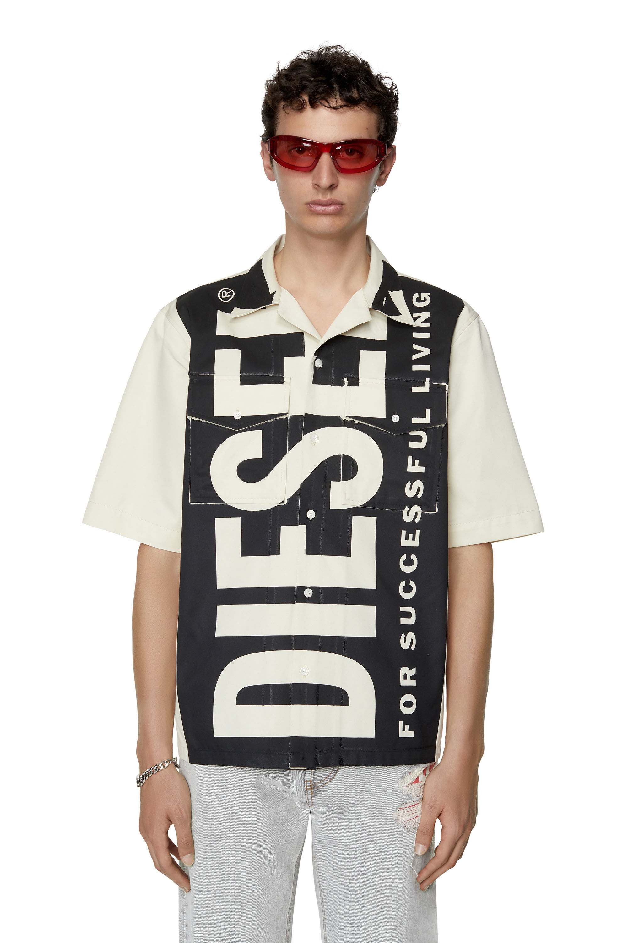 Diesel - S-MAC-22, Male's Bowling shirt with maxi logo print in Black/White - 3