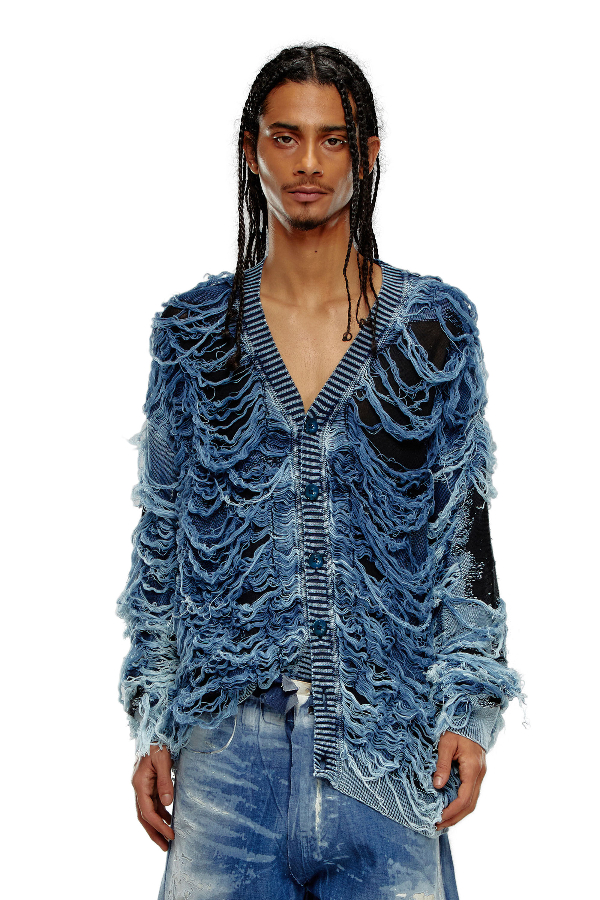 Men's Destroyed indigo V-neck cardigan | Multicolor | Diesel