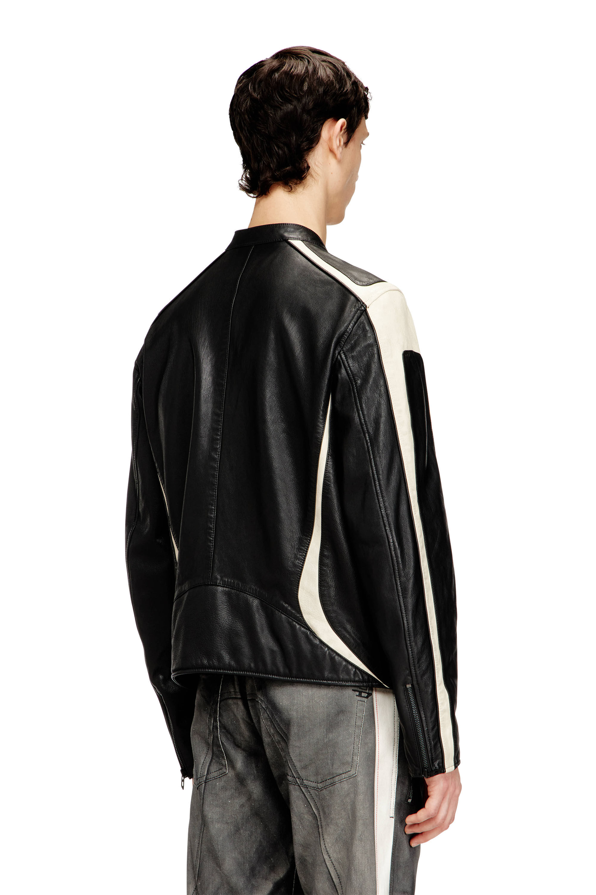Diesel - L-ADAM, Male's Colour-block leather biker jacket in Black/White - 5