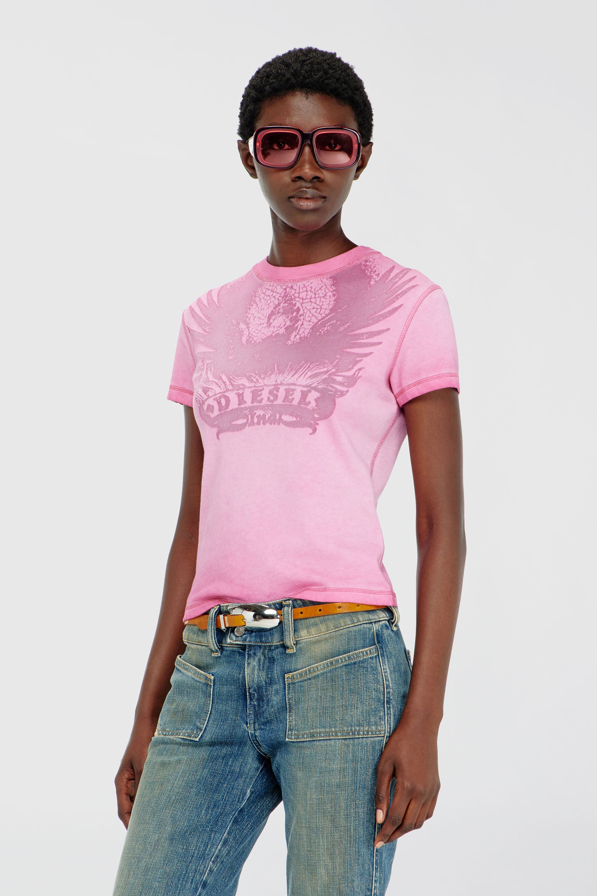 Diesel - T-ILA-AA7, Female's Slim T-shirt with d&eacute;vor&eacute; Phoenix in Hot pink - 3