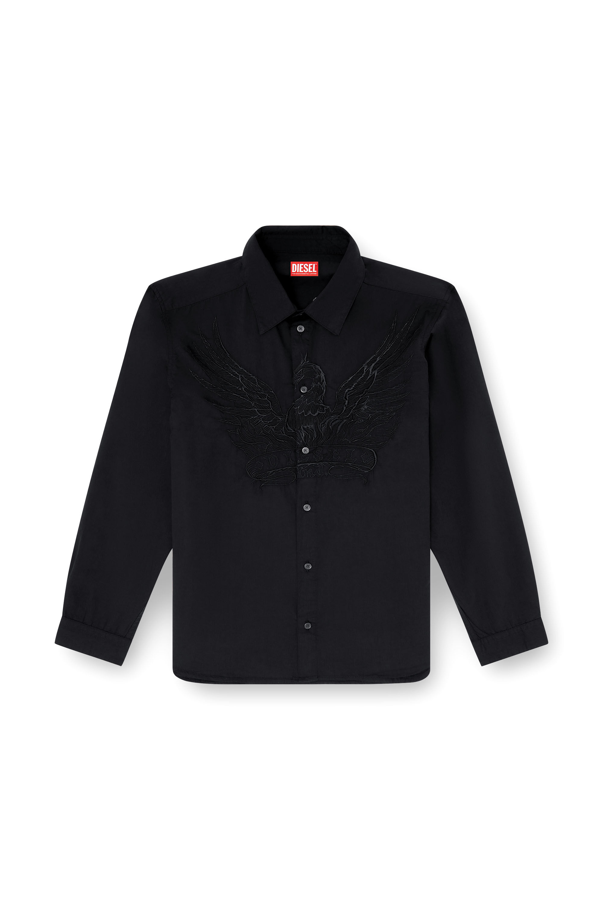 Men's Cotton-cupro shirt with embroidered patch | Black | Diesel US
