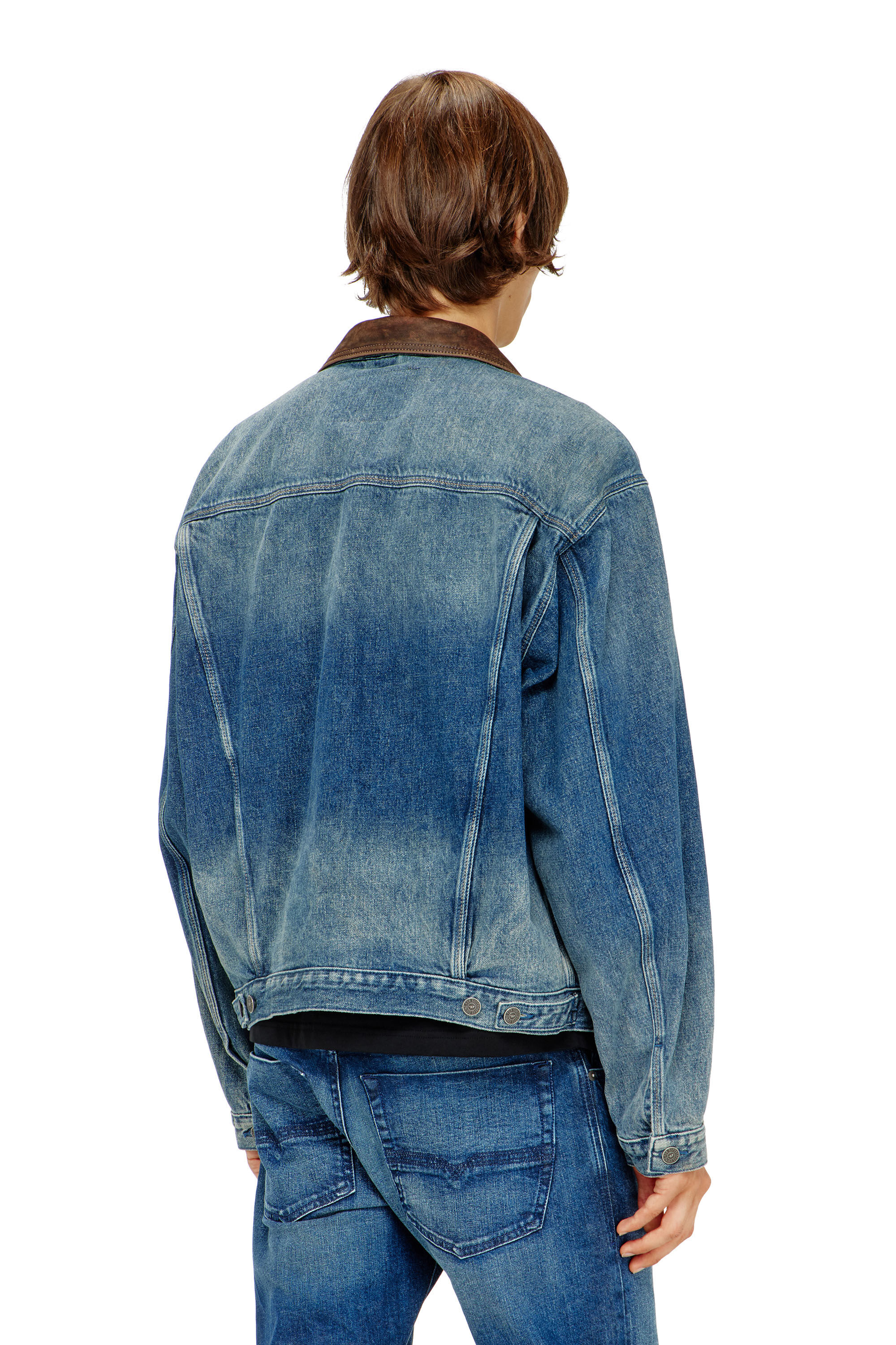Diesel - D-DENVER-S1, Unisex's Denim trucker jacket with contrast leather trims in Blue - 5