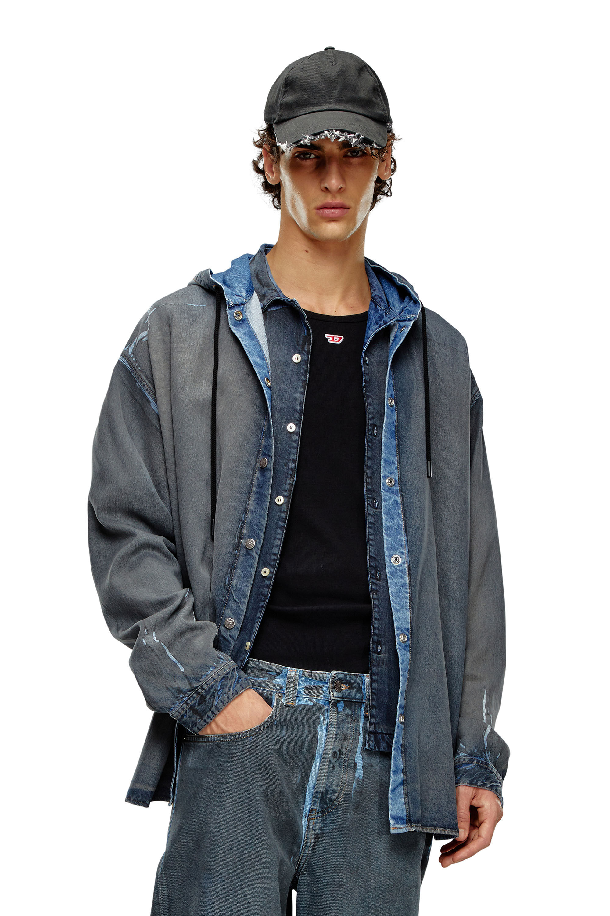 DIESEL シャツ デニム D-DEWNY-HOOD SHIRT Men's Hybrid shirt in worn-effect coated denim | Blue | Diesel