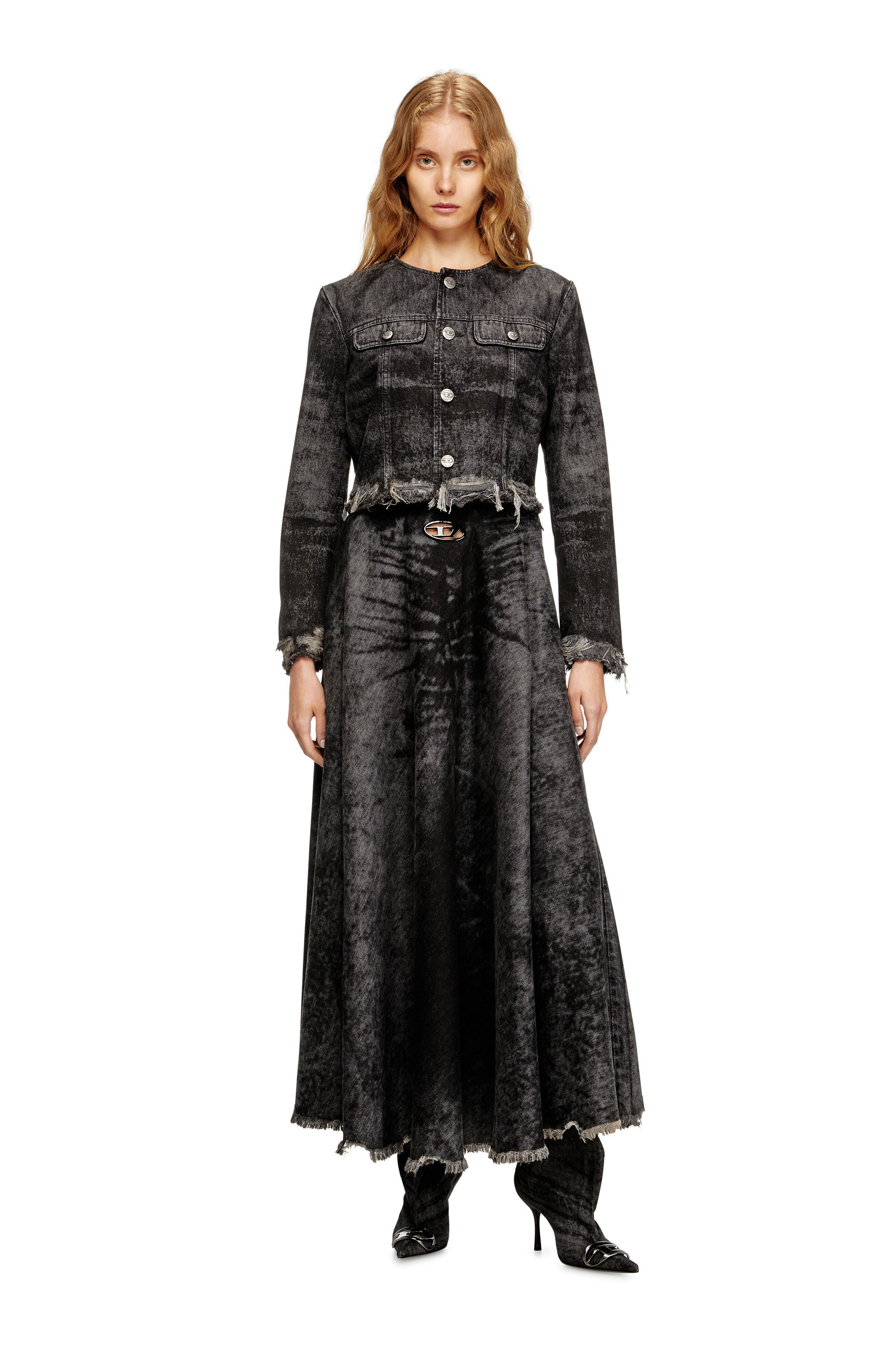 Diesel - DE-HANNIE-FSH, Jupe ample en denim de coton et chanvre gravé au laser Femme in Noir - 1