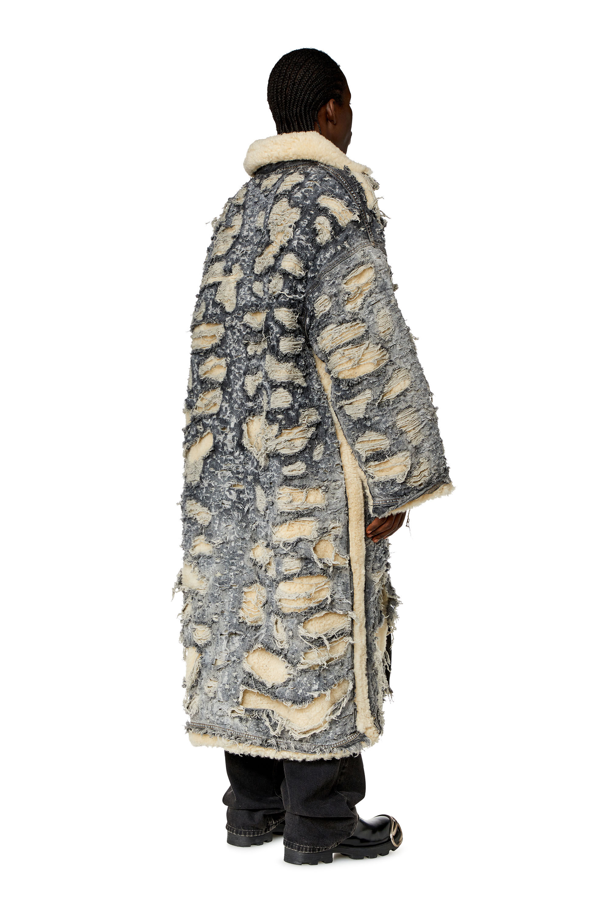 Men's Distressed denim and shearling coat | Black | Diesel