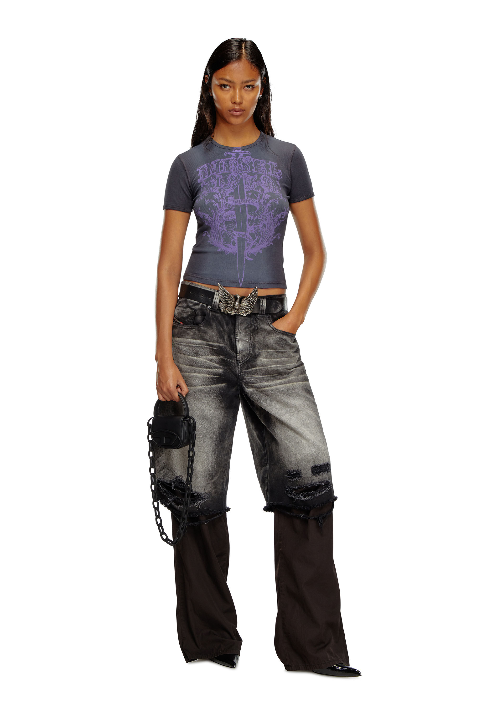 Diesel - T-ELE-LONG-P1, Female's Ribbed T-shirt with Diesel sword print in Black/Violet - 1
