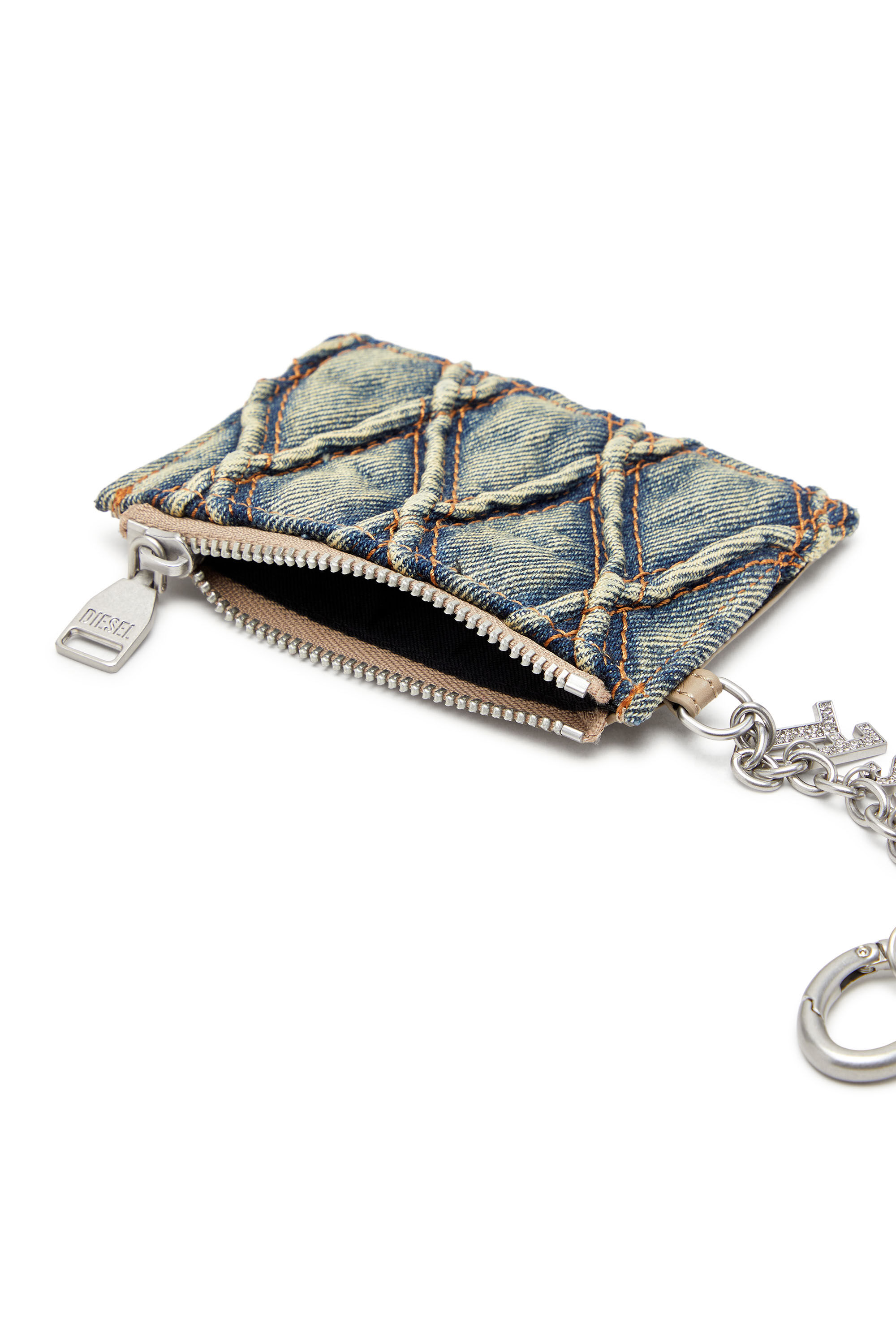 Diesel - CARD HOLDER WITH CHAIN, Female's Card holder in argyle quilted denim in Blue - 3