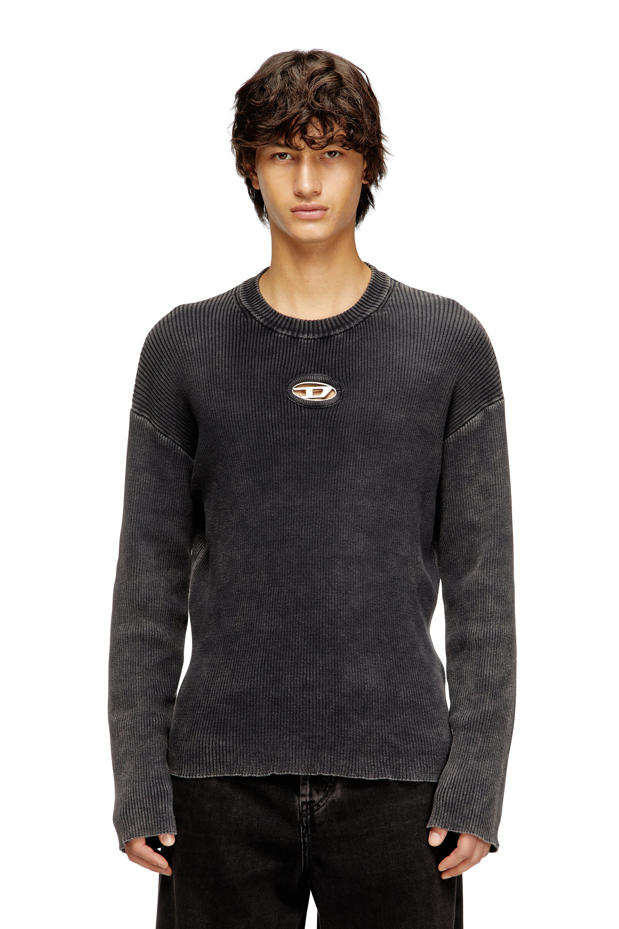 Men's Cut-out ribbed jumper with Oval D plaque | Grey | Diesel