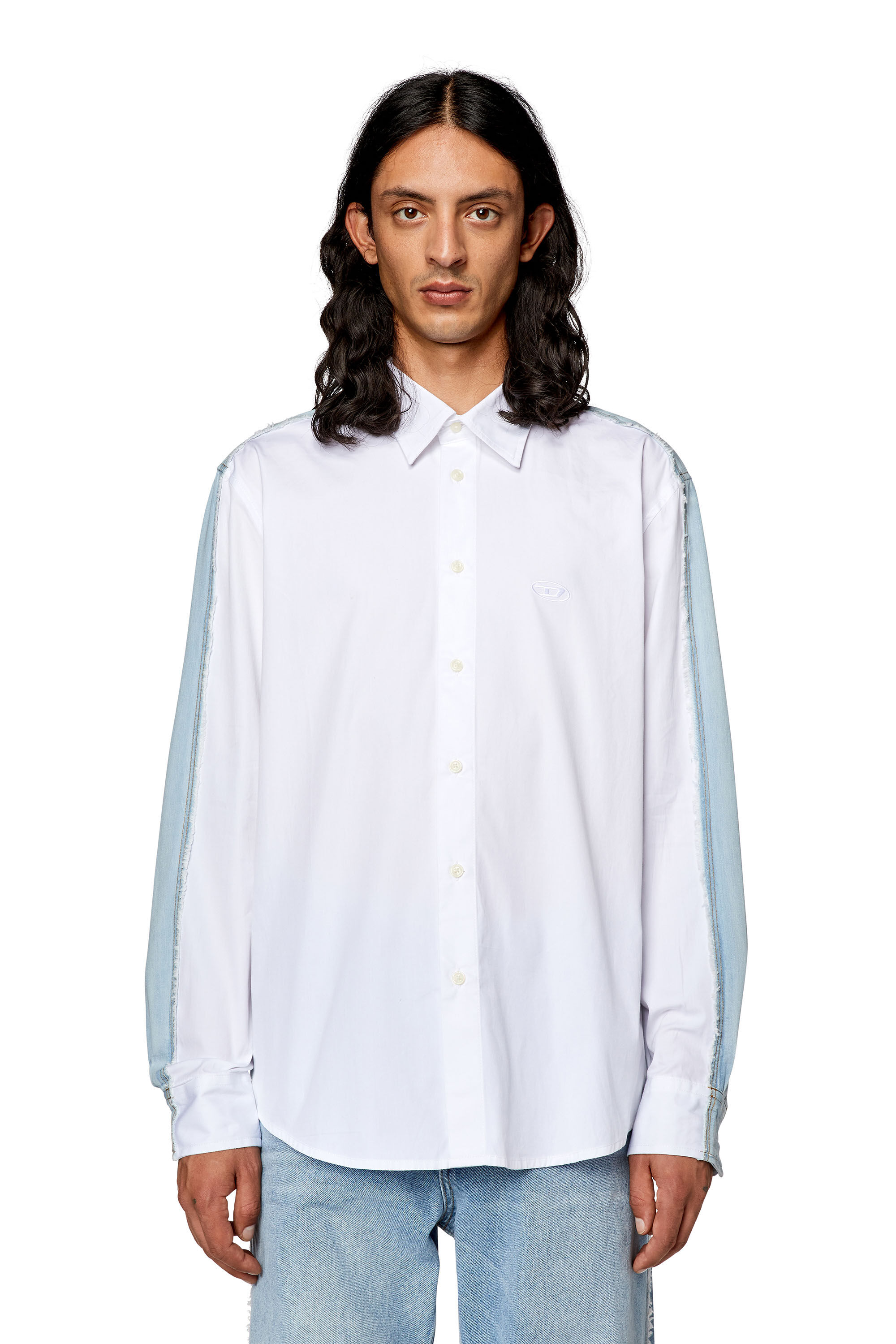 Diesel - S-WARH, Male's Shirt in poplin and raw-edge denim in White - 5