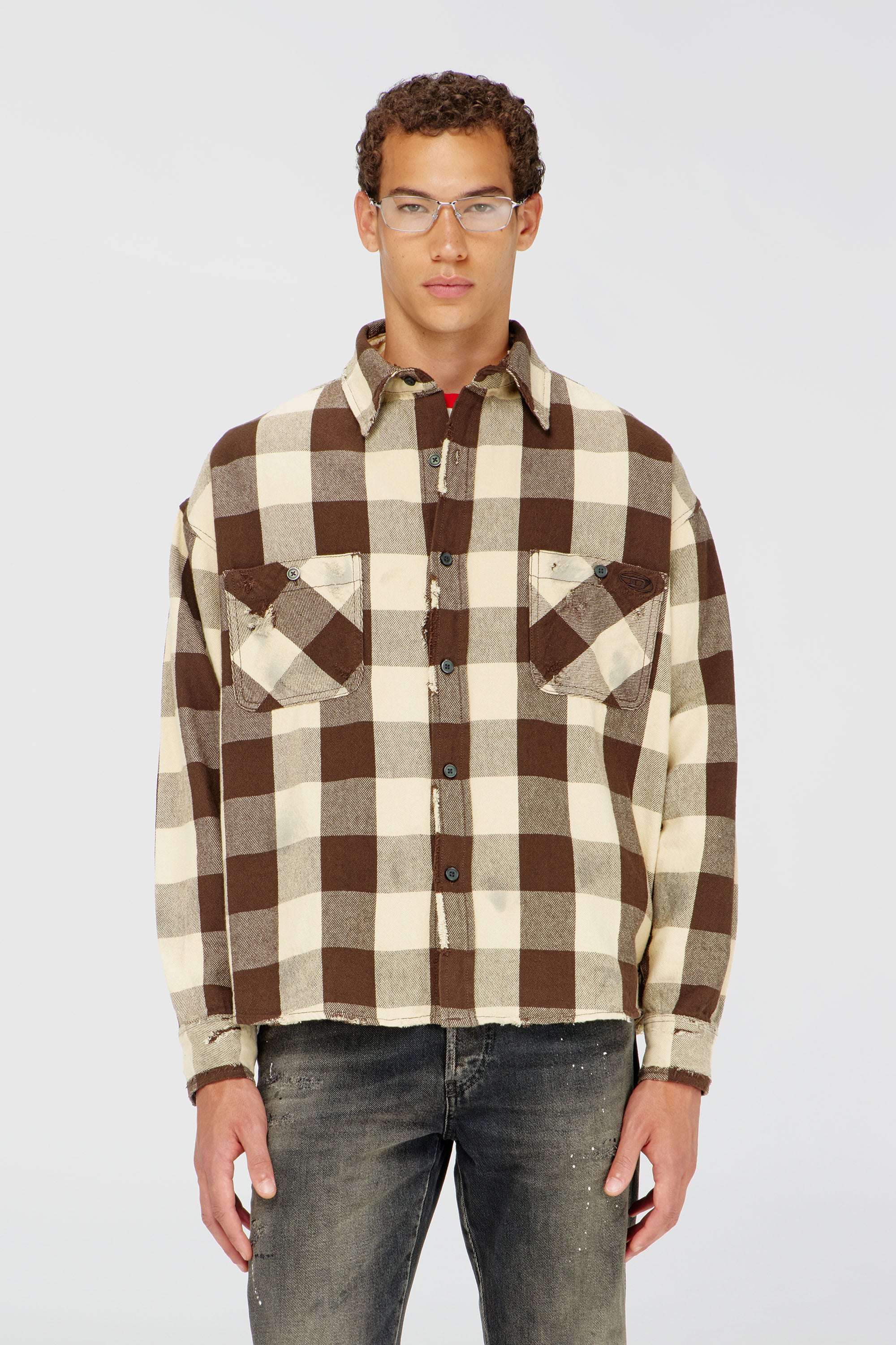 Diesel - S-DRUM, Male's Check flannel shirt with distressed effect in Beige/Brown - 3