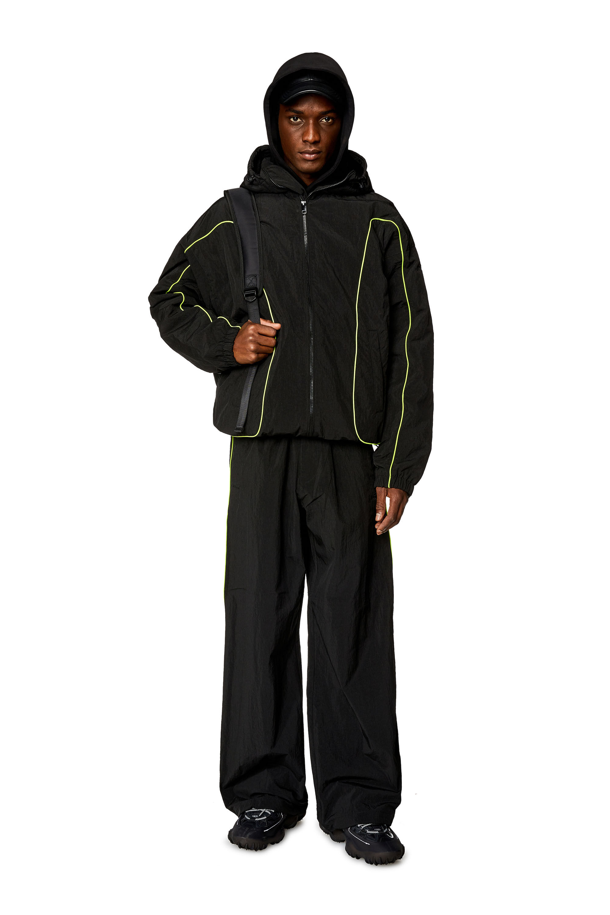 Diesel - J-GREEN, Male's Padded hooded jacket in wrinkled nylon in Black - 1