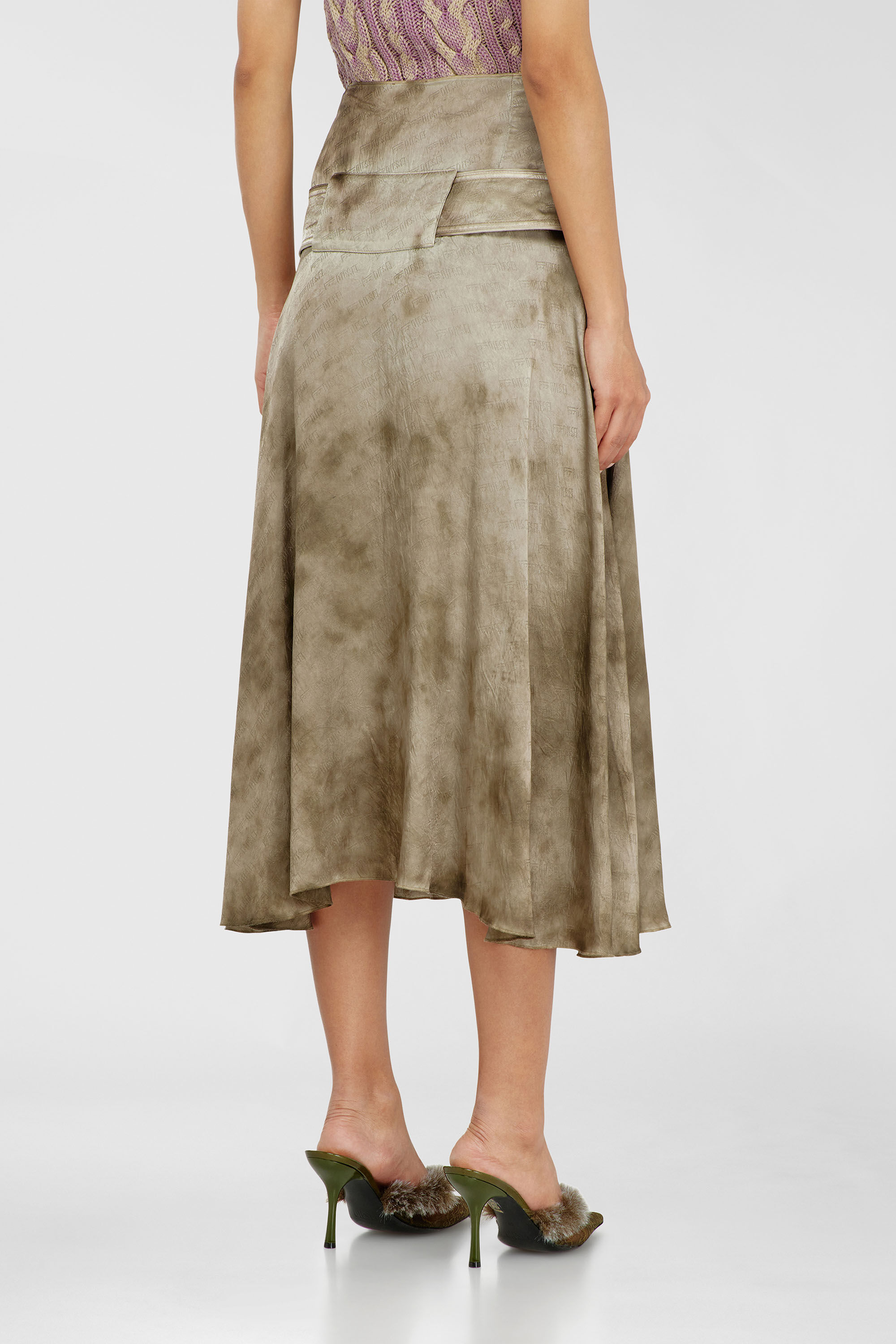 Women's Belted midi skirt in logo-jacquard satin | Brown | Diesel