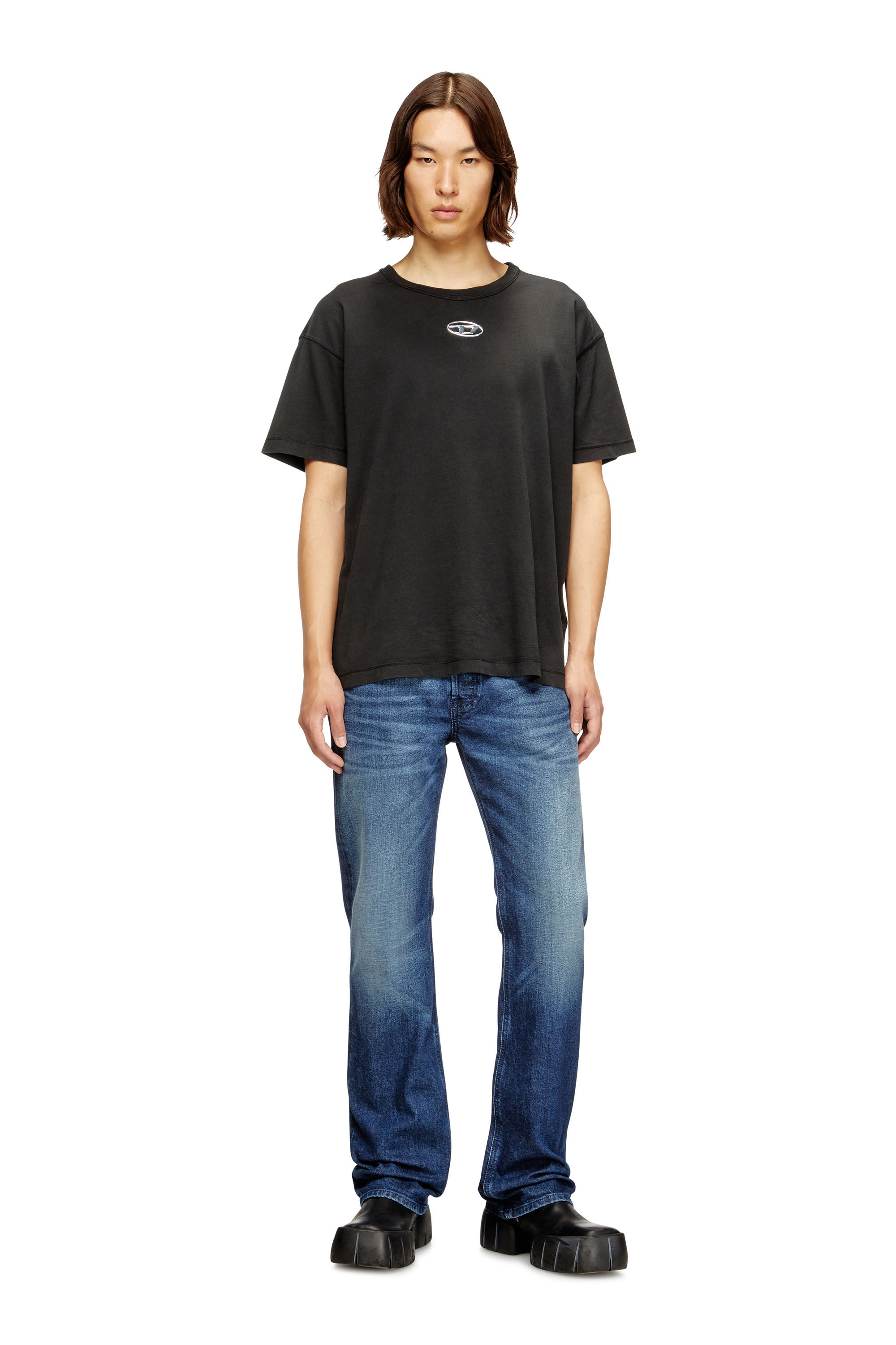 Men's Light cotton T-shirt with metallic Oval D logo | Black | Diesel