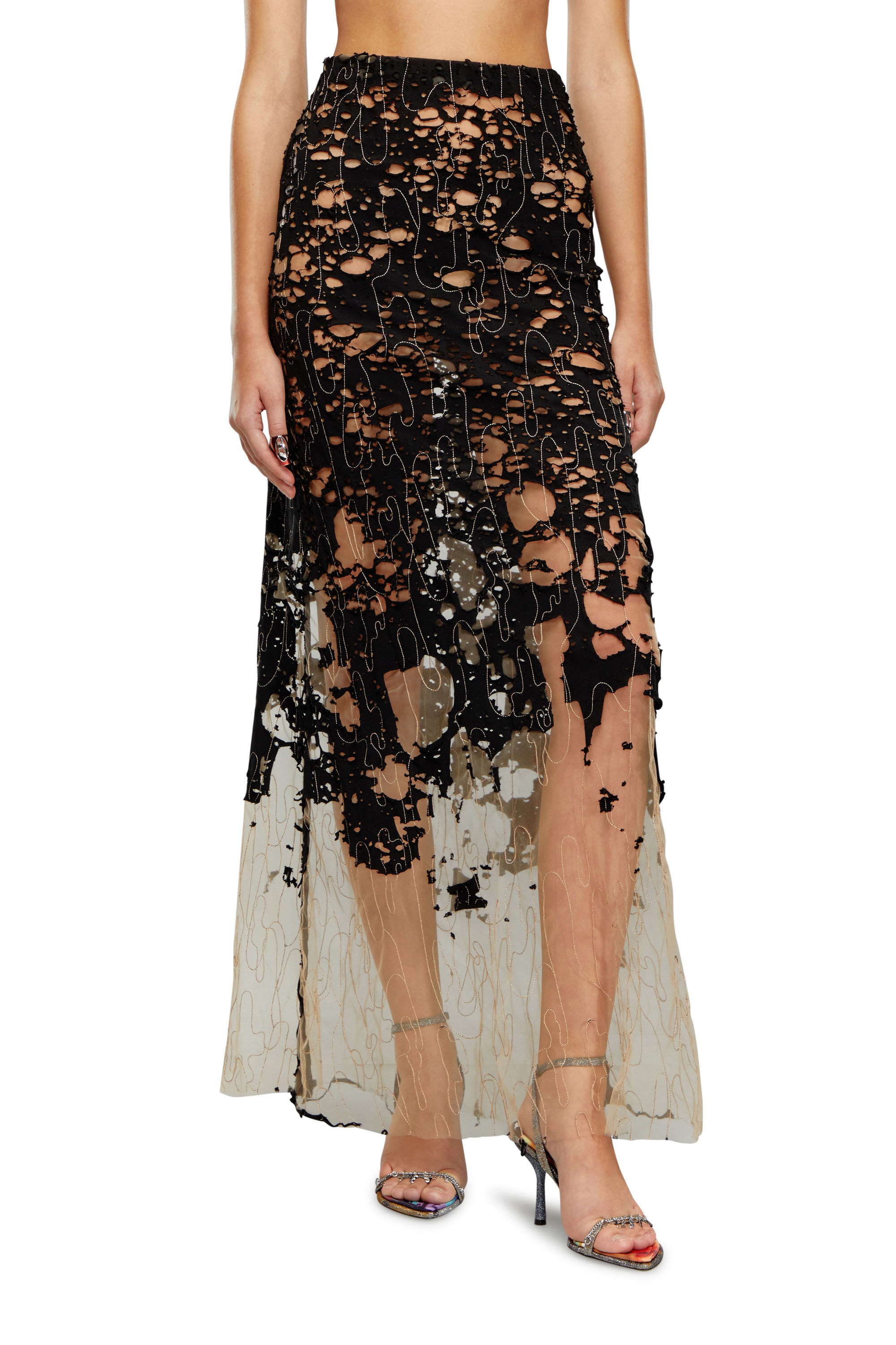 Diesel - O-LEENA, Female's Long devoré skirt in tulle and jersey in Black - 3