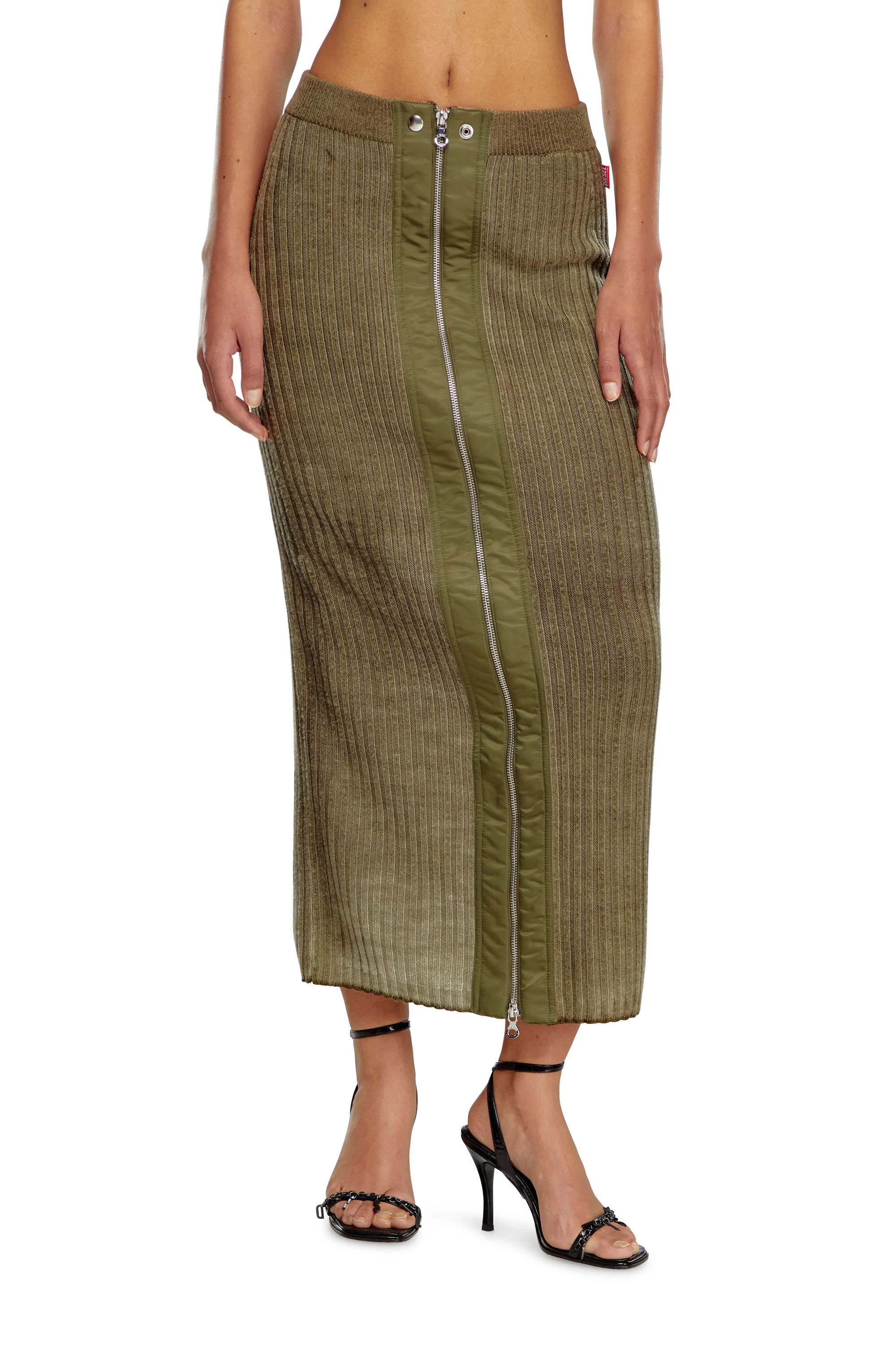 Diesel - M-ASI, Female's Midi skirt in treated wool knit in Military Green - 3
