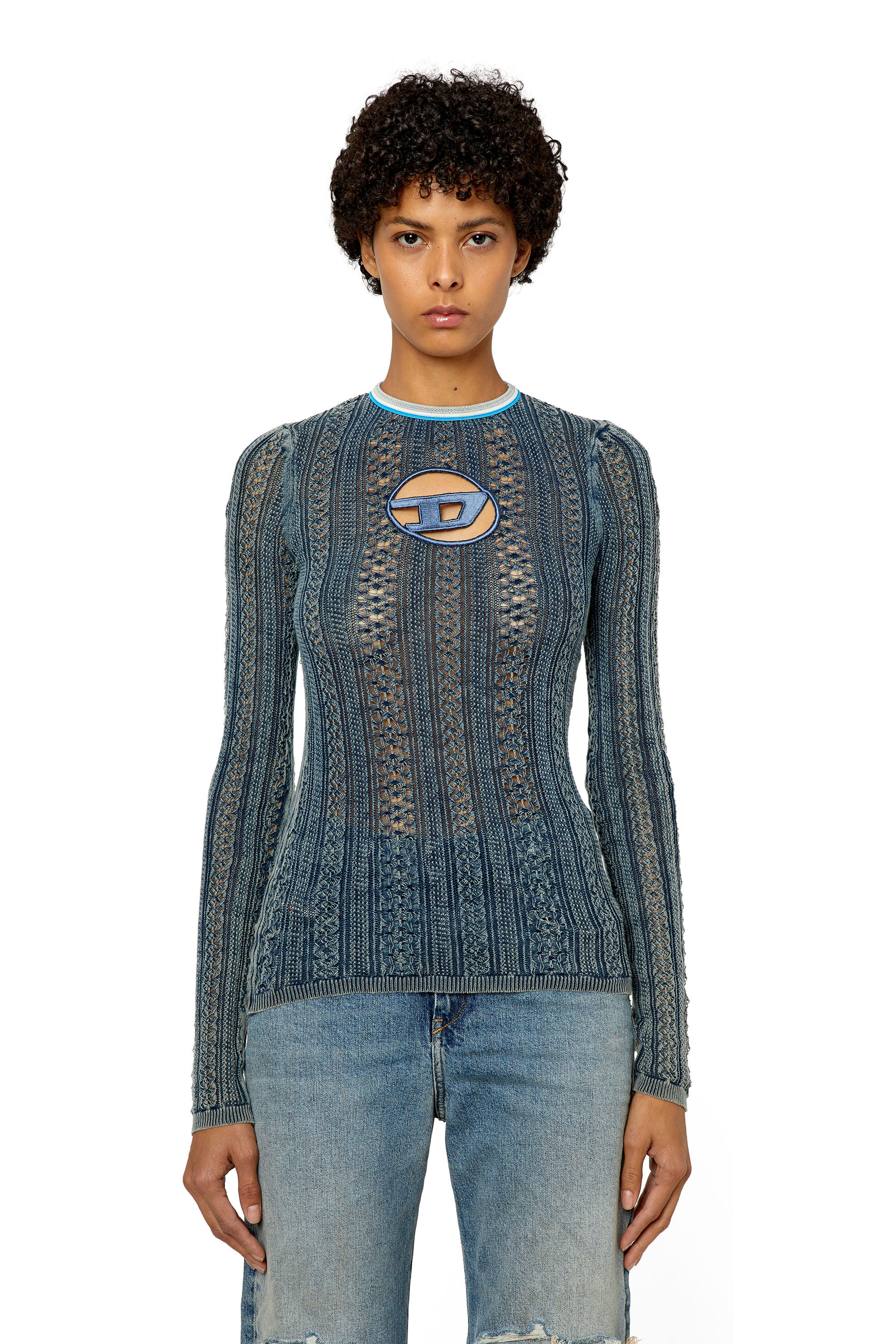 Diesel - M-IKYLA, Female's Pointelle jumper with oval D cutout in Blue - 4
