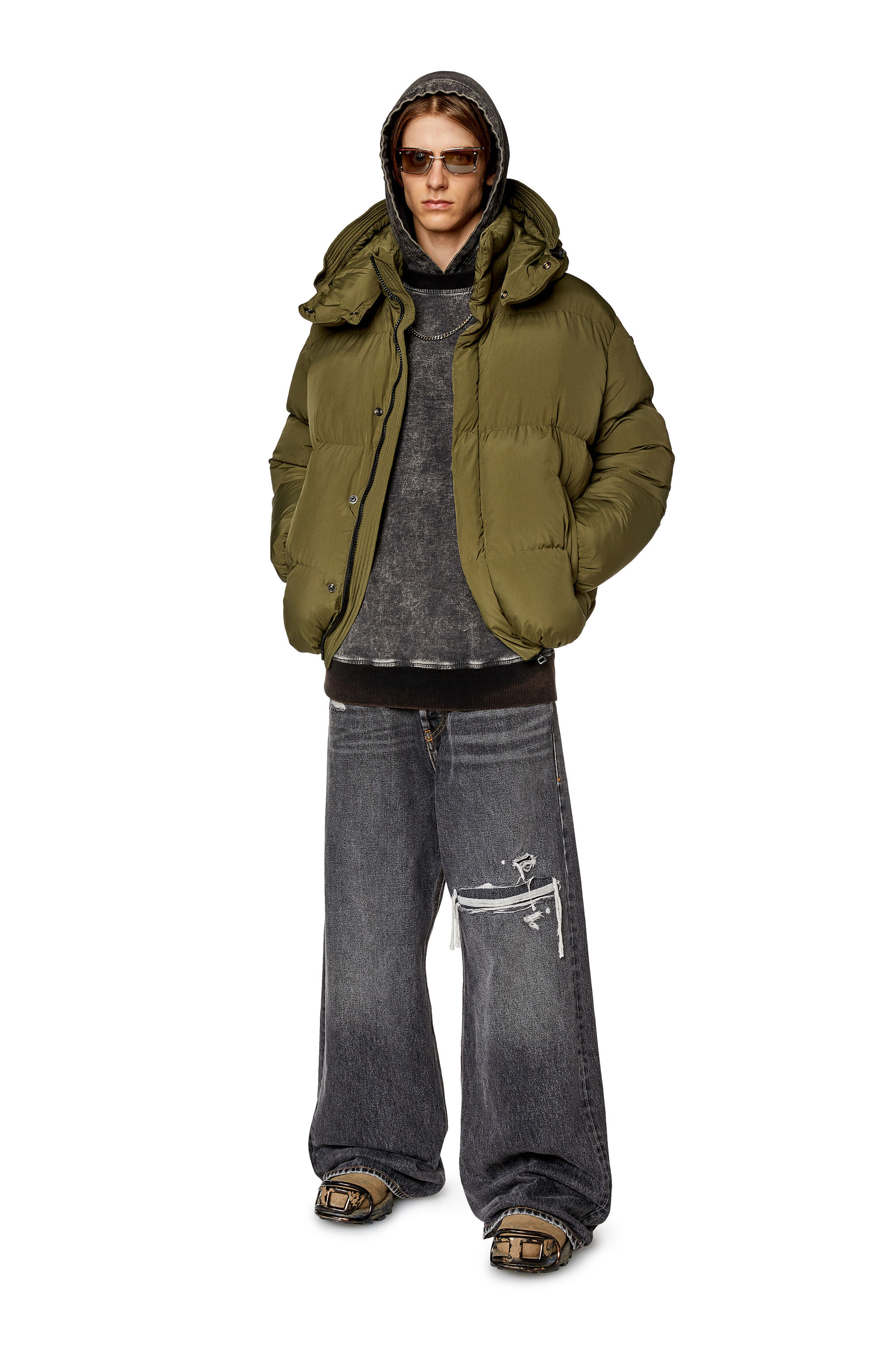 Diesel - W-ROLFYS-FD, Male's Puffer jacket with detachable hood in Military Green - 1