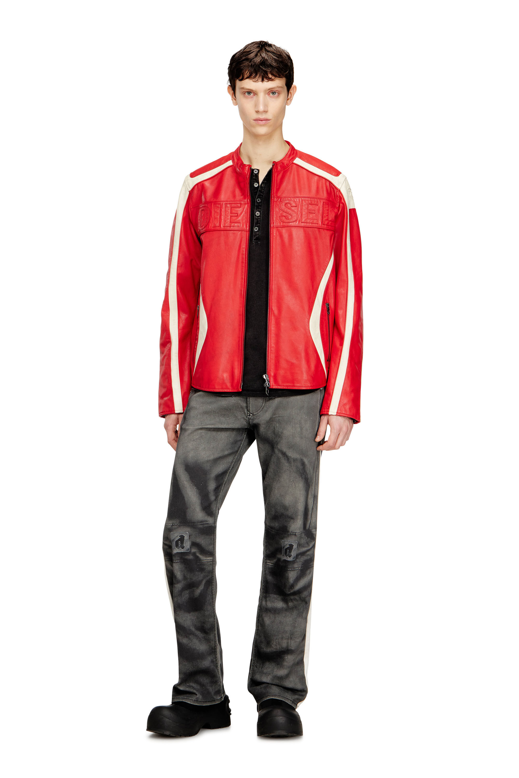 Diesel - L-ADAM, Male's Colour-block leather biker jacket in Red/White - 1