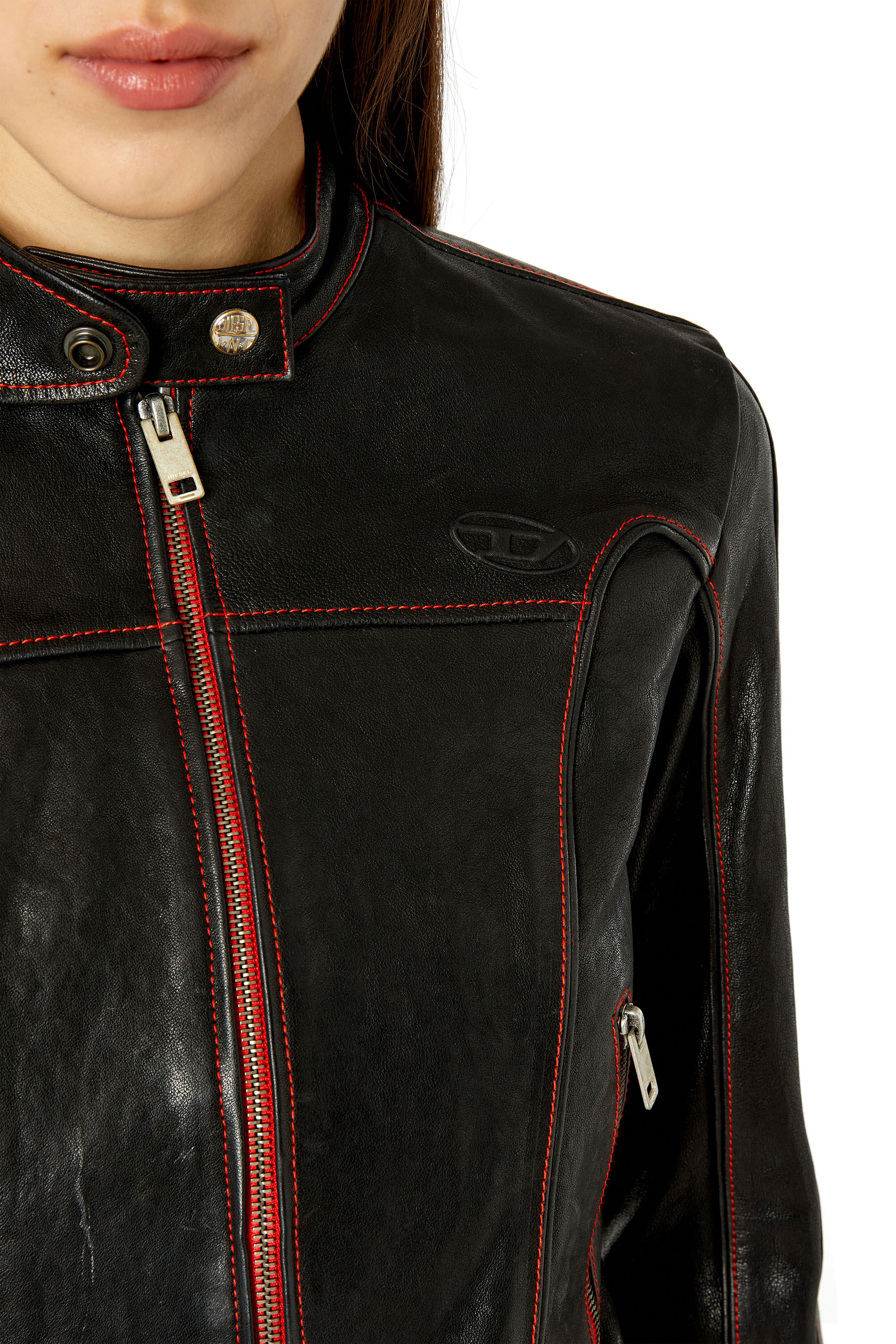 Diesel - L-FOX-A, Female's Leather biker jacket with contrast details in Black - 4