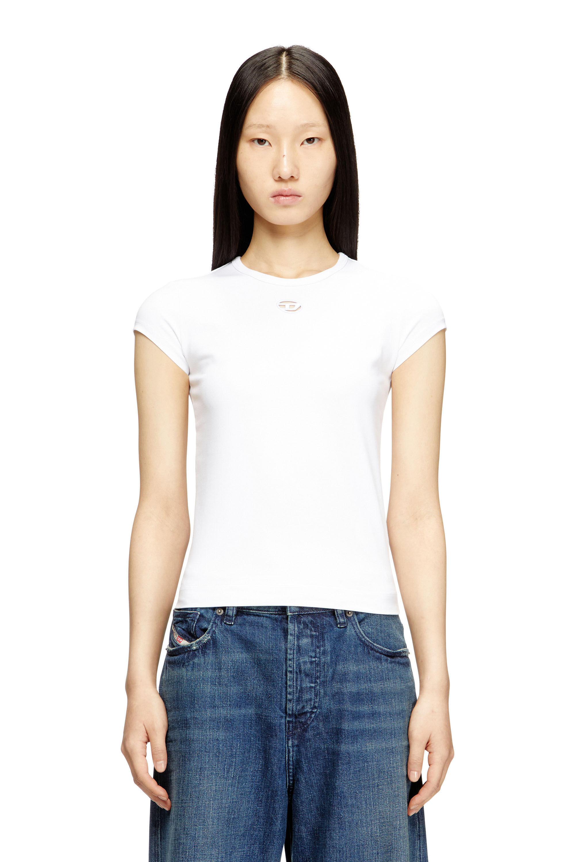 Women's T-shirt with cut-out embroidered logo | White | Diesel