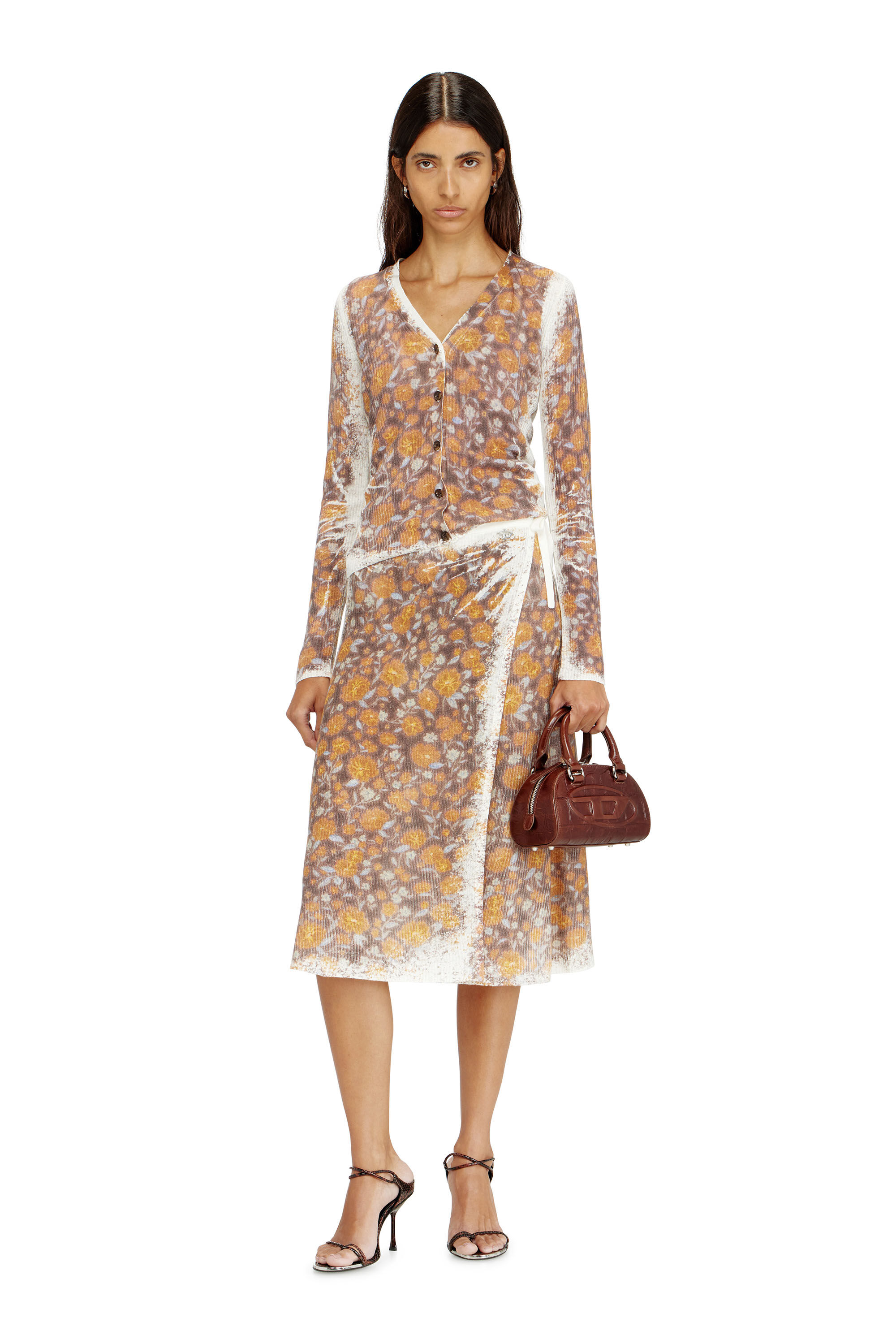 Diesel - M-BLOMIEN, Cardigan en maille de lin &agrave; imprim&eacute; fleuri Femme in Marron - 1