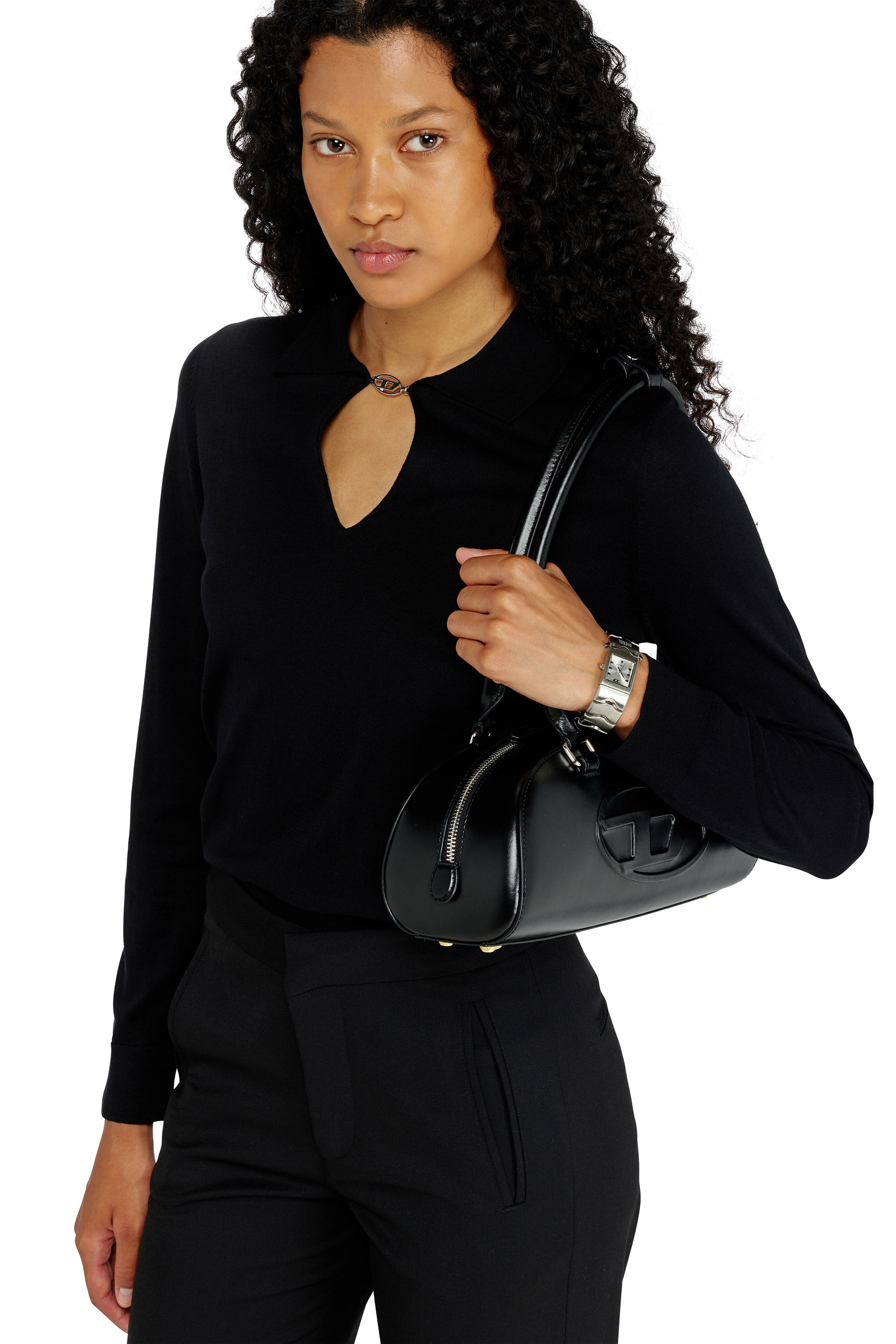 Women's Silk-blend polo jumper with Oval D plaque | Black | Diesel