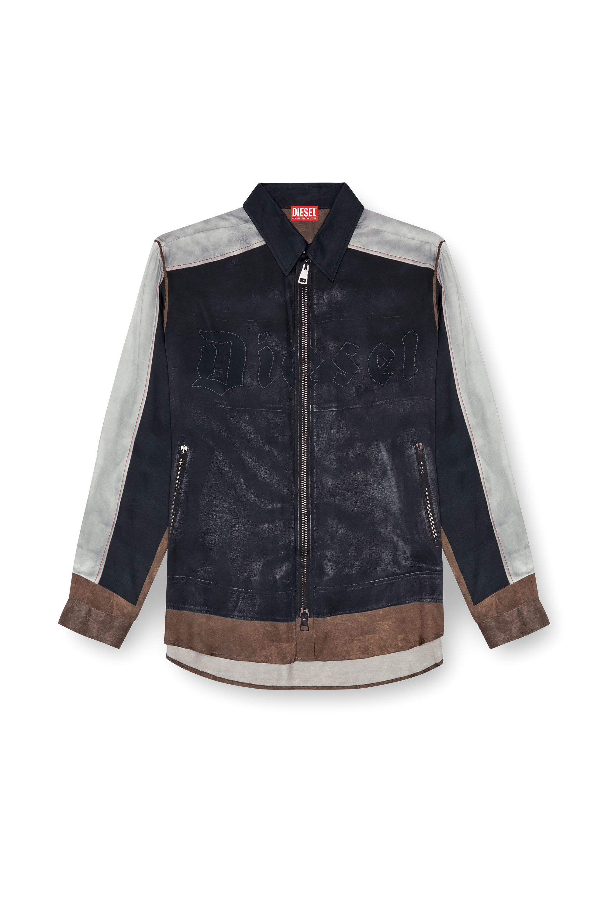 Diesel - S-AFTER, Male's Shirt with trompe l'oeil print in Black/Grey - 2