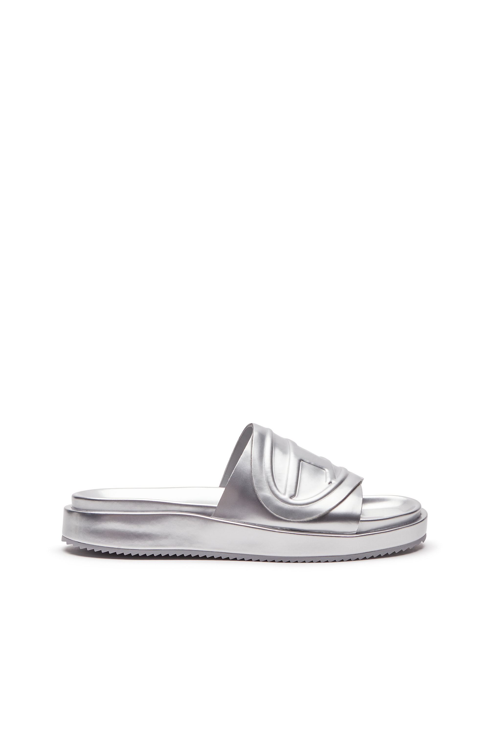 Diesel - SA-SLIDE D OVAL W, Female's Sa-Slide D-Metallic slide sandals with Oval D strap in Silver - 1