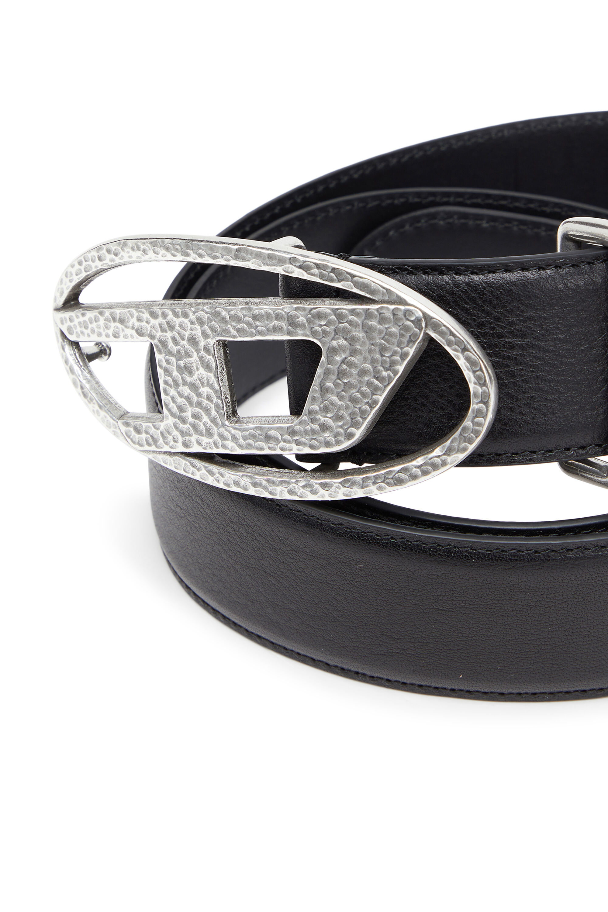 Diesel - B-1DR, Unisex's 4cm leather belt with hammered Oval D buckle in Black - 3