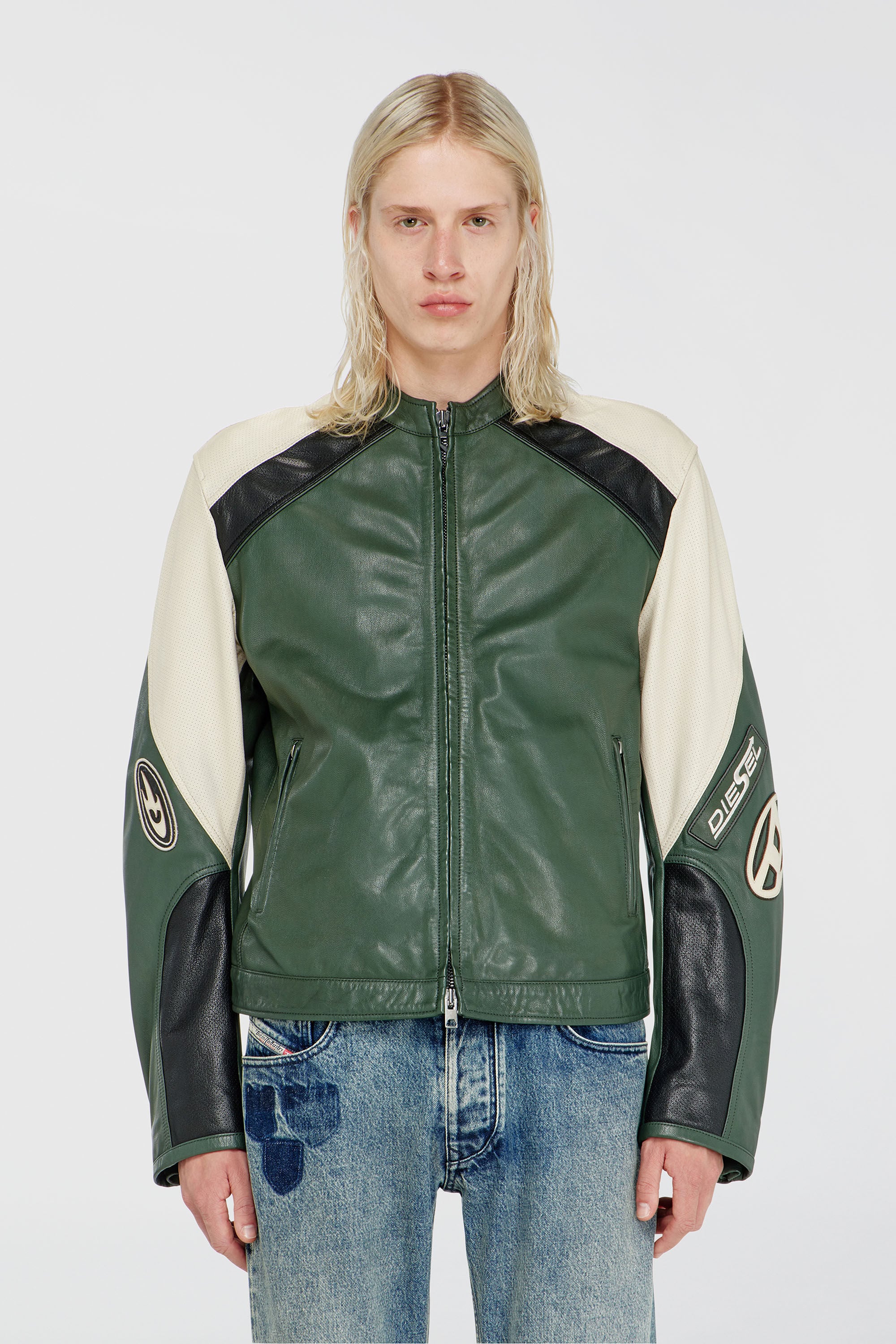 Diesel - L-AHTI, Male's Biker jacket in colour-block perforated leather in Beige/Black - 6