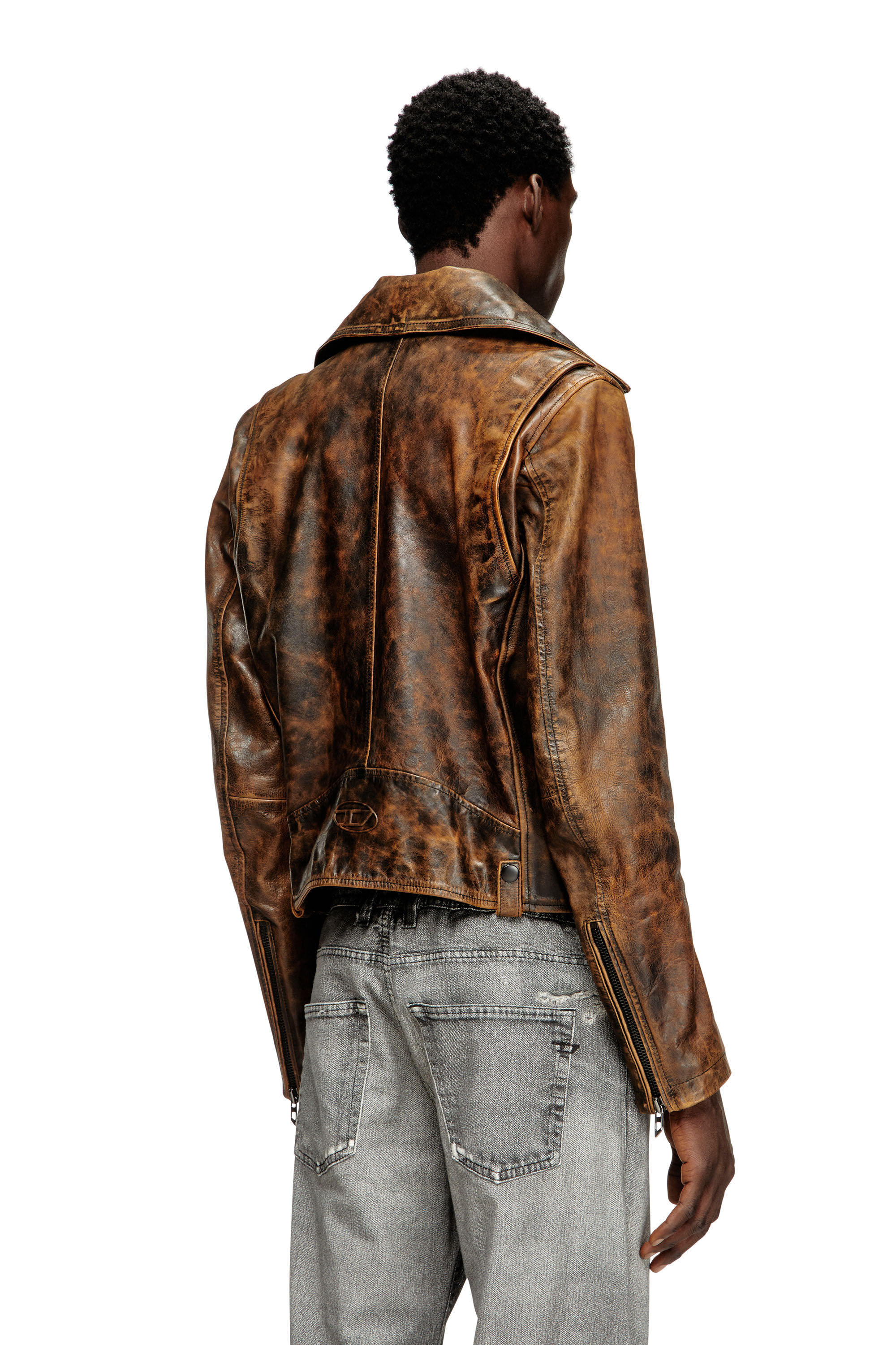 Diesel - L-EON, Male's Biker jacket in treated leather in Brown - 5