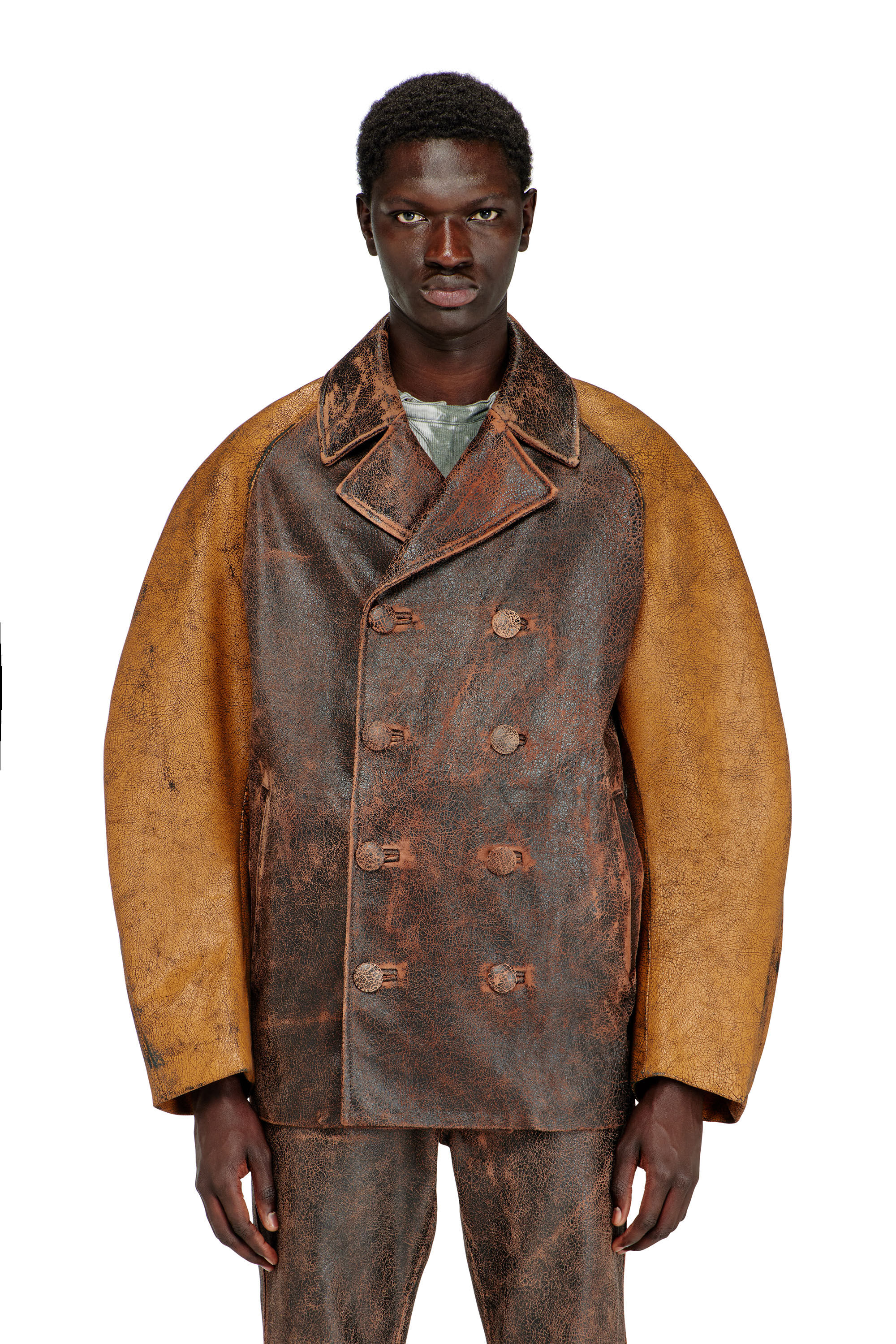 Men's Cocoon peacoat in crackle leather | Brown | Diesel
