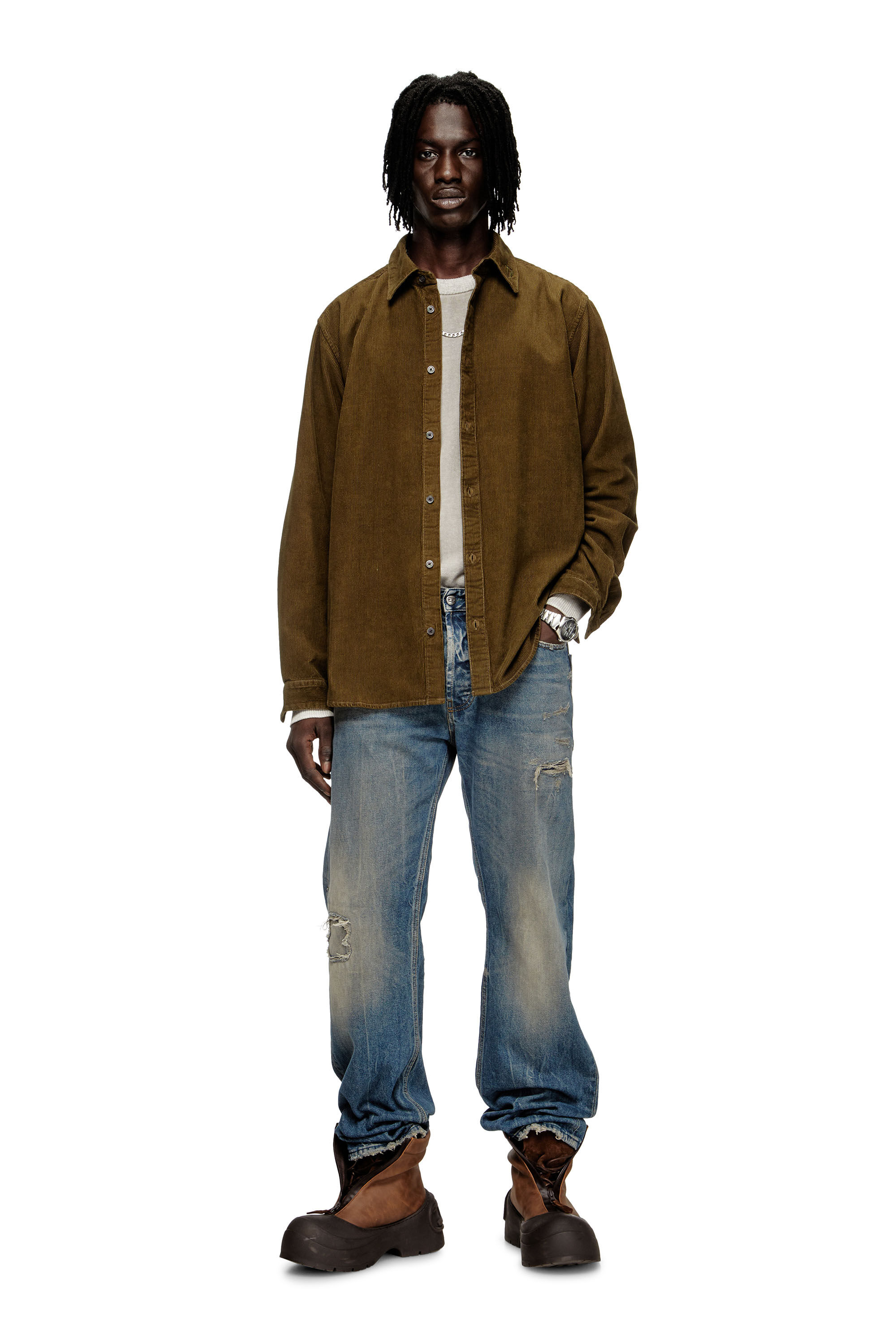 Diesel - S-SIMPLY-AJFQ, Male's Cotton shirt with embroidery on the collar in Green - 1
